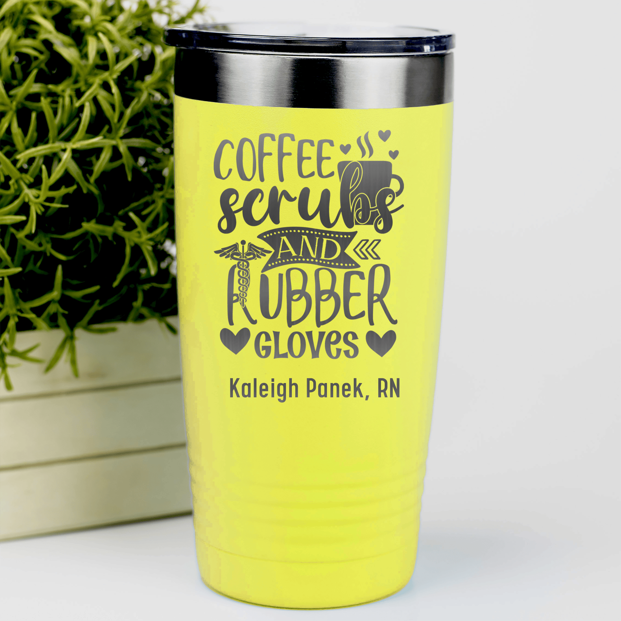 Yellow Nurse Tumbler With Coffee Scrubs And Gloves Design