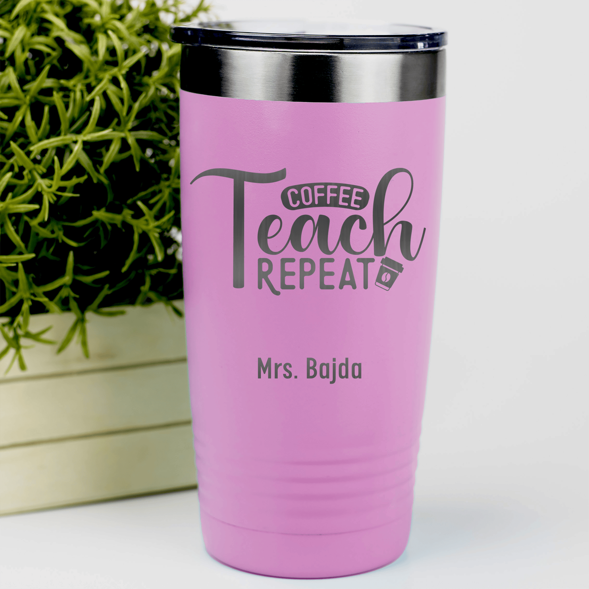 Pink Teacher Tumbler With Coffee Teach Repeat Design