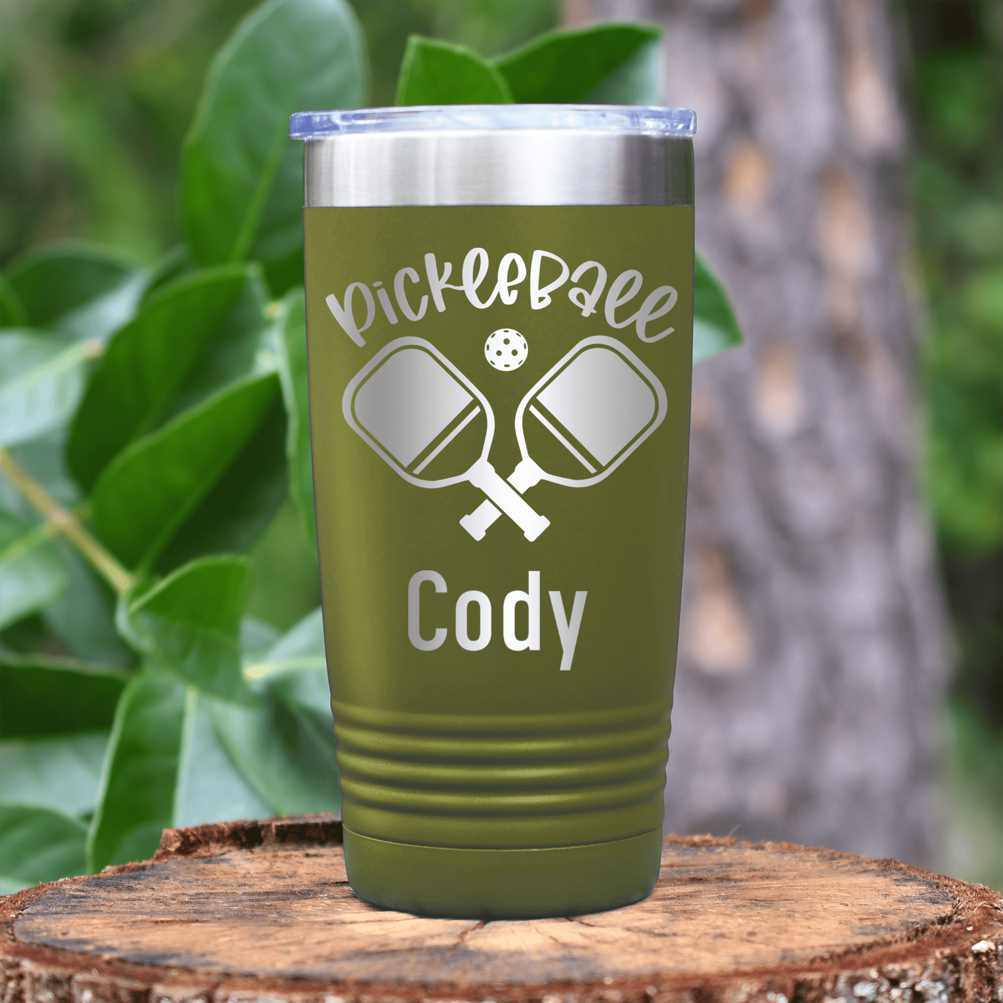 Military Green Pickleball Tumbler With Crossing Swords Design