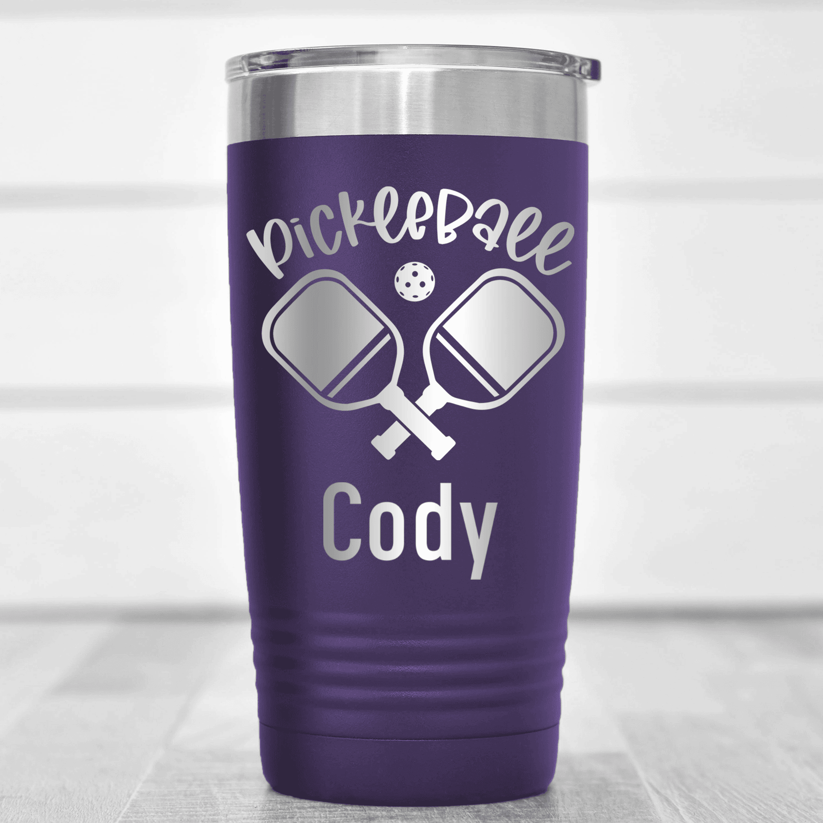 Purple Pickleball Tumbler With Crossing Swords Design