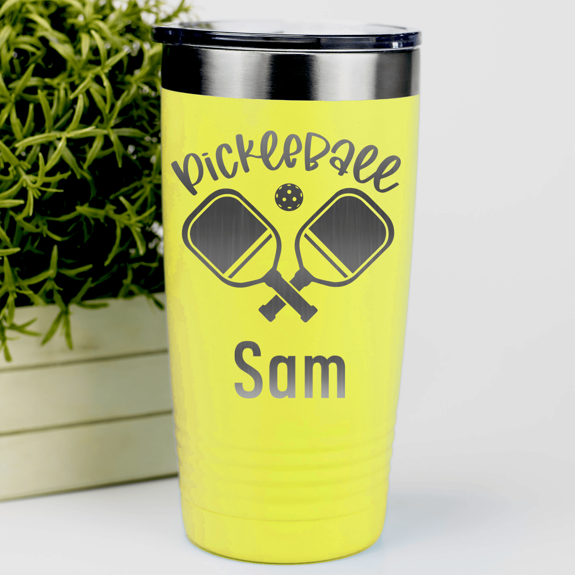 Yellow Pickleball Tumbler With Crossing Swords Design