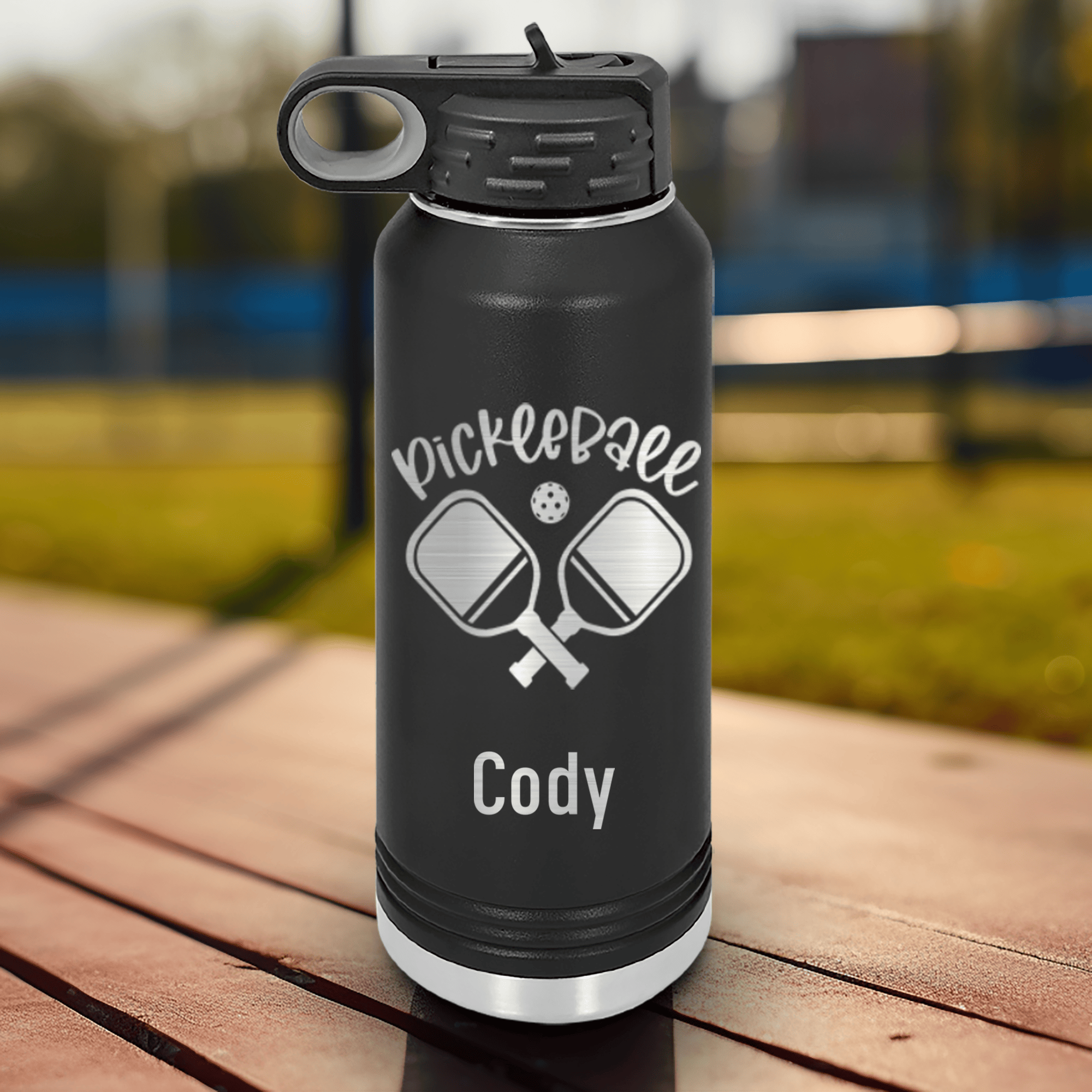 Black Pickleball Water Bottle With Crossing Swords Design