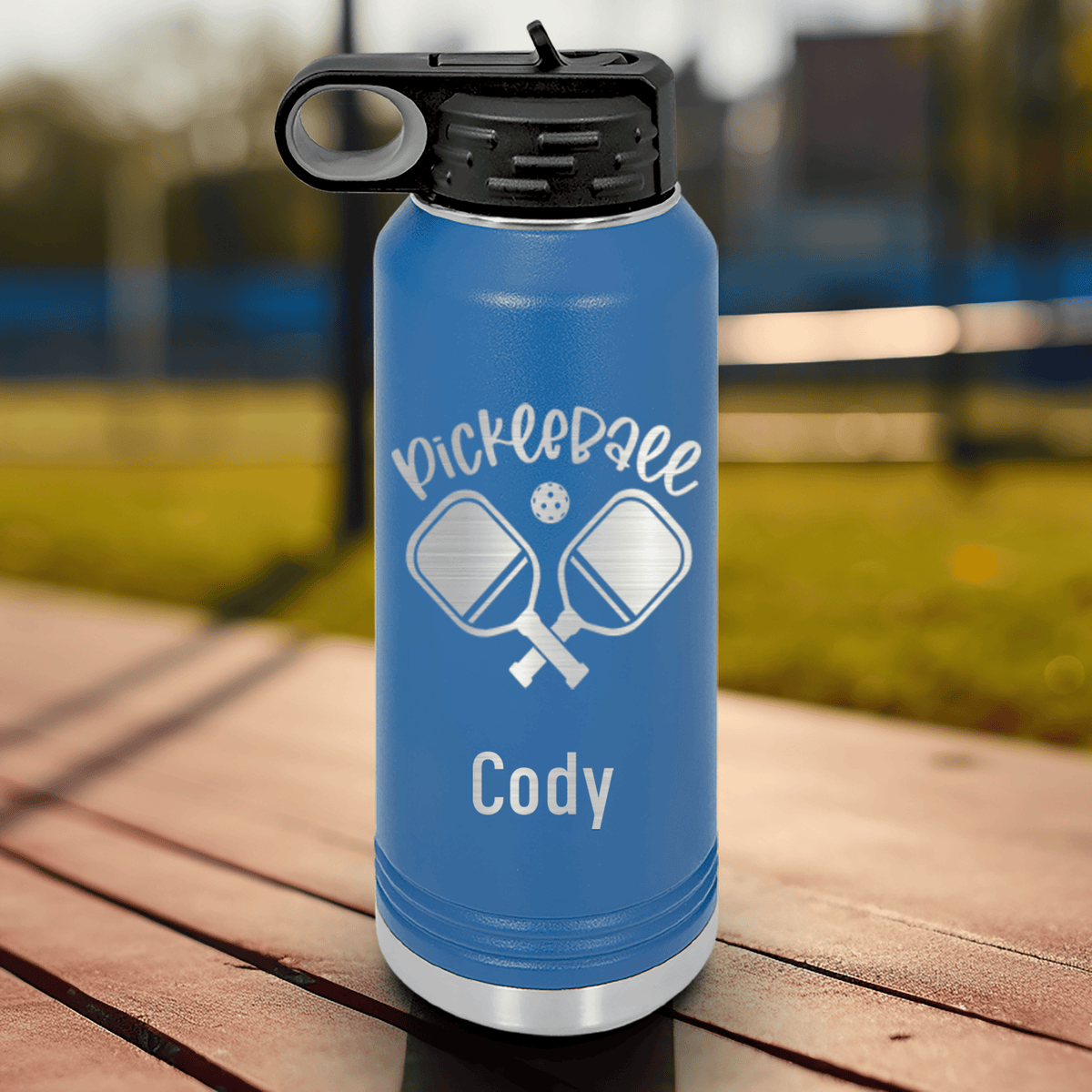 Blue Pickleball Water Bottle With Crossing Swords Design