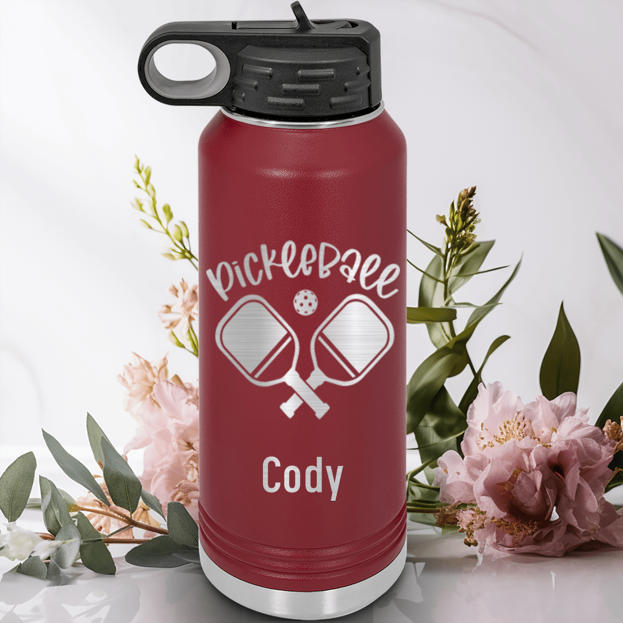 Maroon Pickleball Water Bottle With Crossing Swords Design