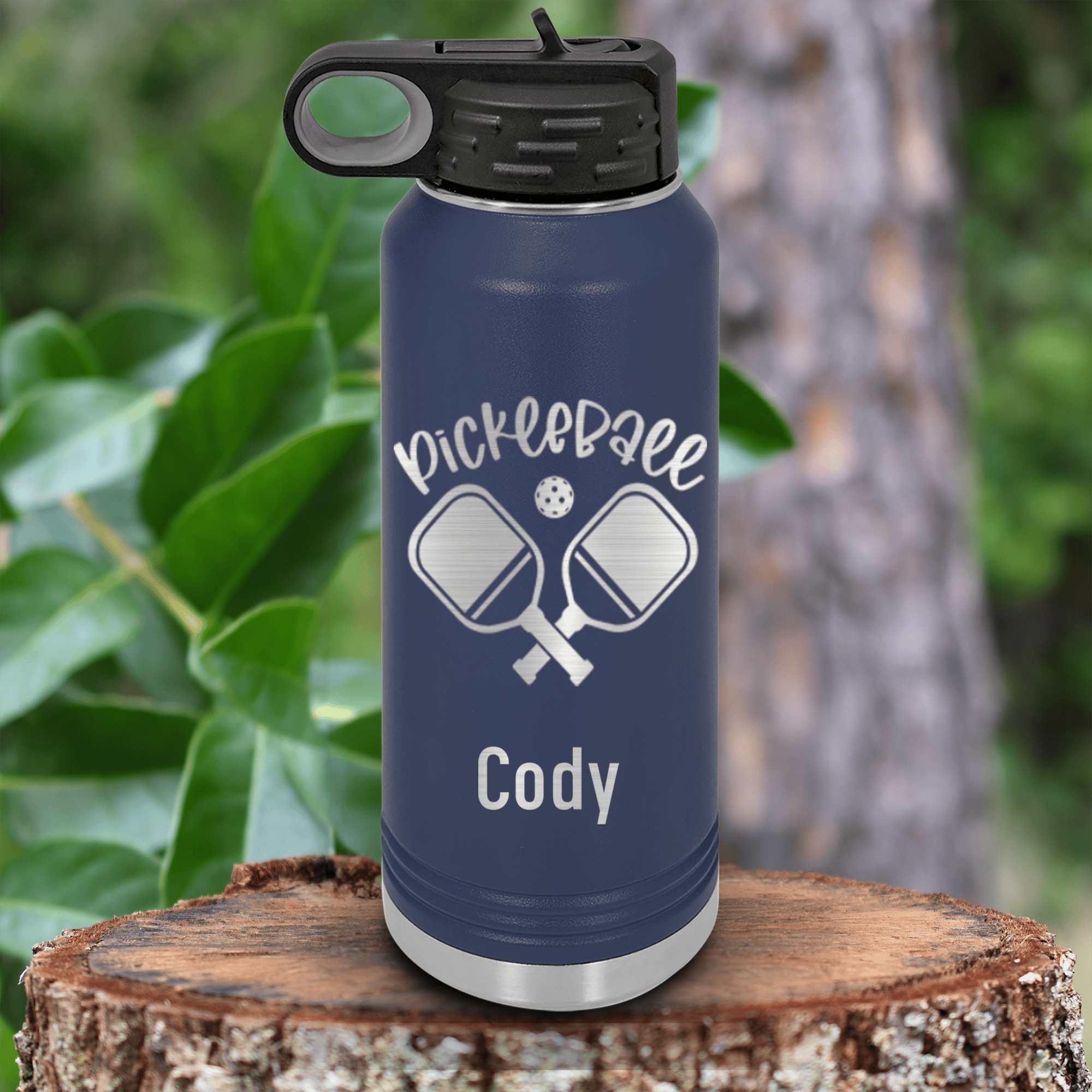 Navy Pickleball Water Bottle With Crossing Swords Design