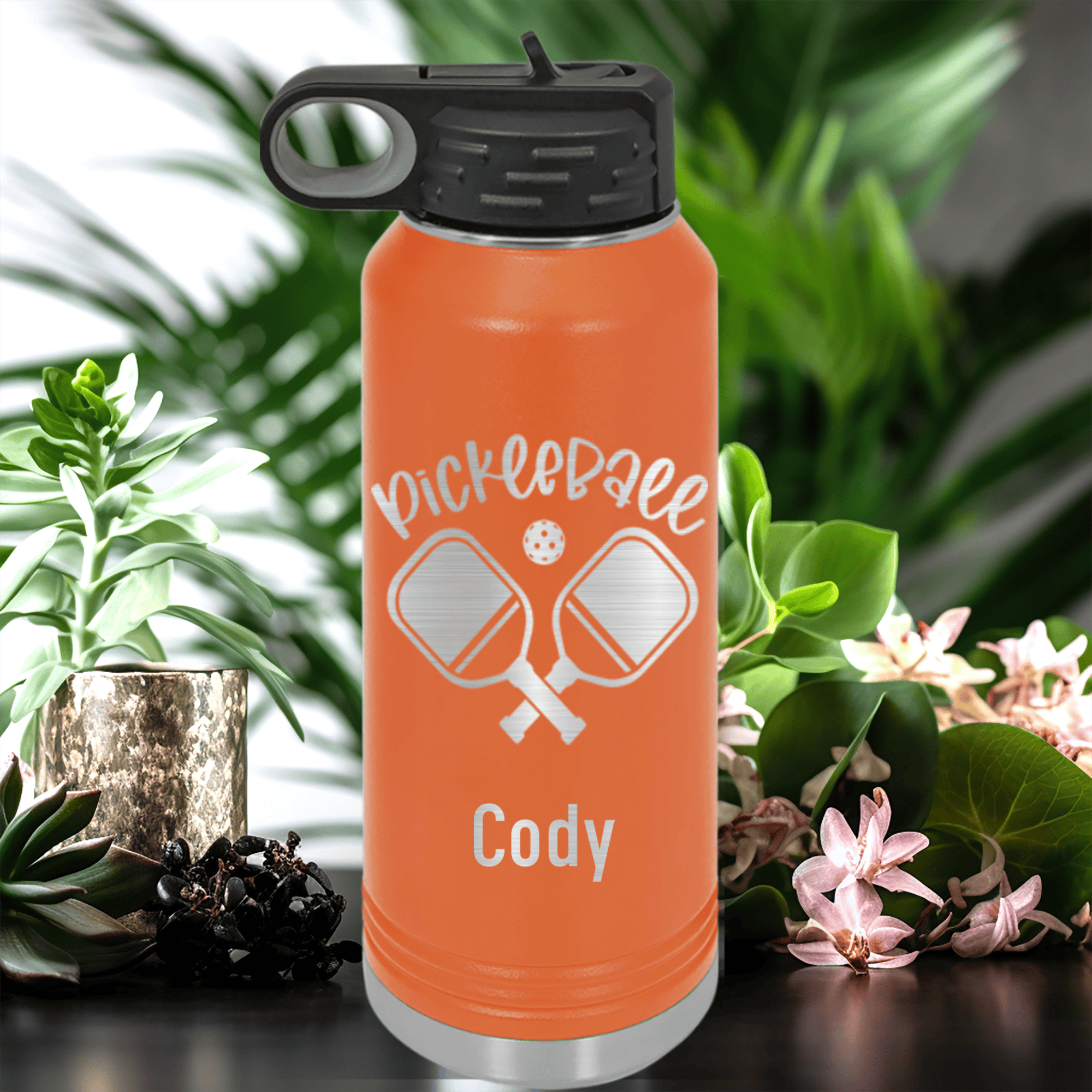 Orange Pickleball Water Bottle With Crossing Swords Design