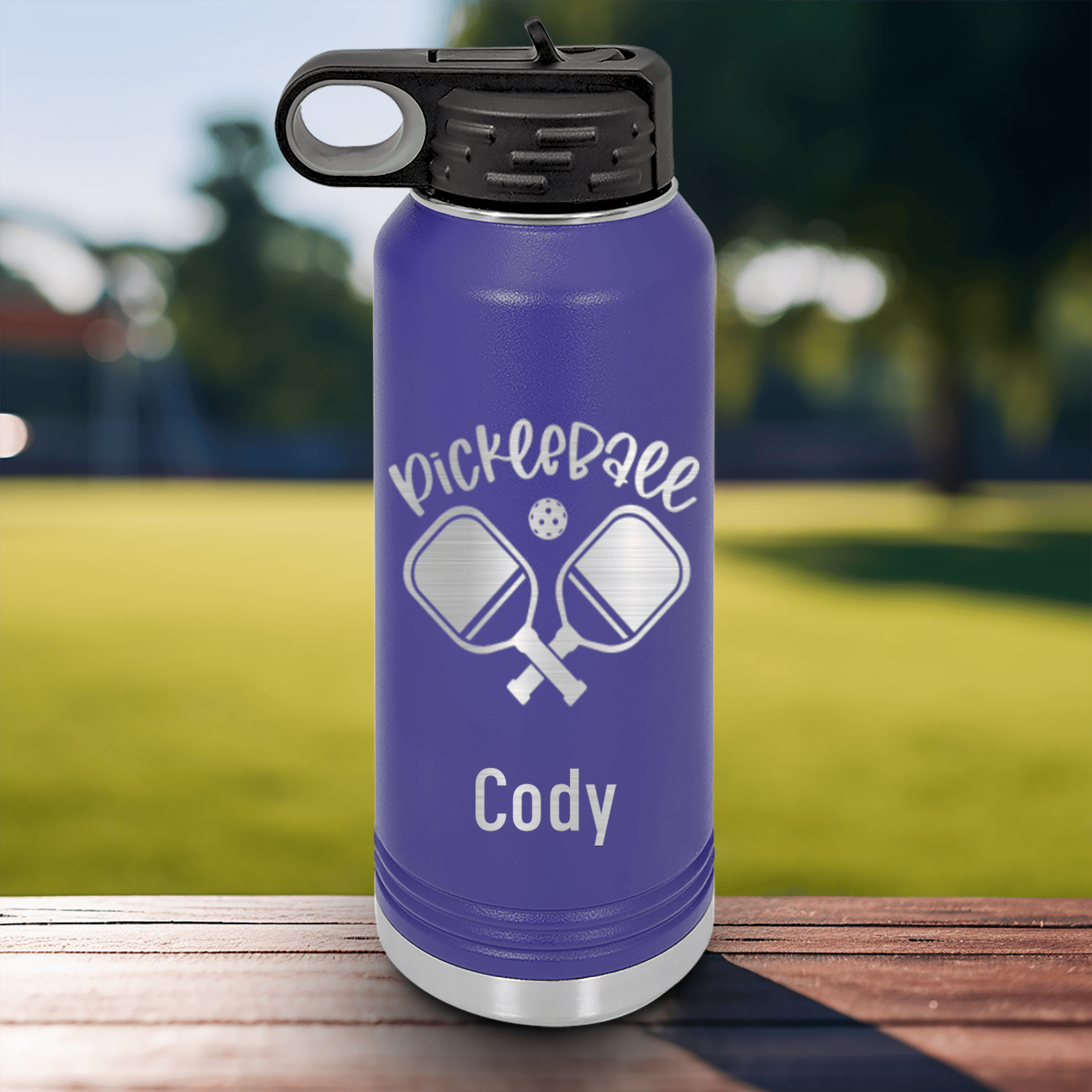 Purple Pickleball Water Bottle With Crossing Swords Design