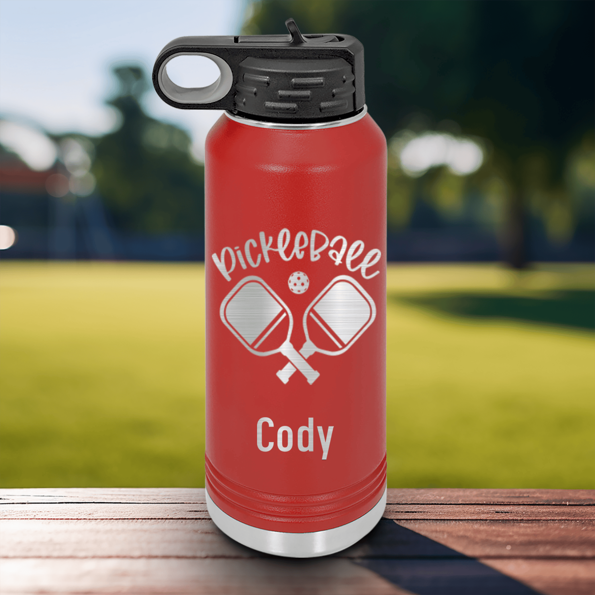 Red Pickleball Water Bottle With Crossing Swords Design