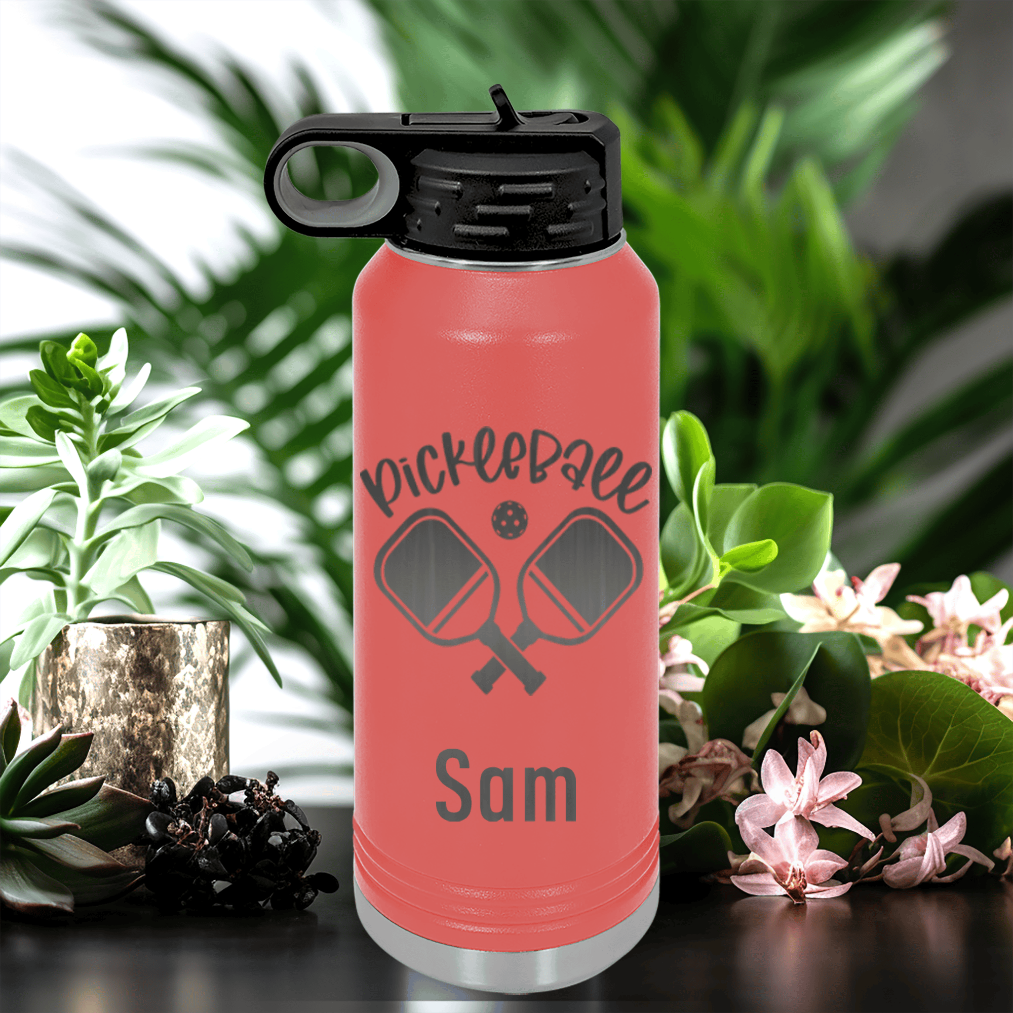 Salmon Pickleball Water Bottle With Crossing Swords Design