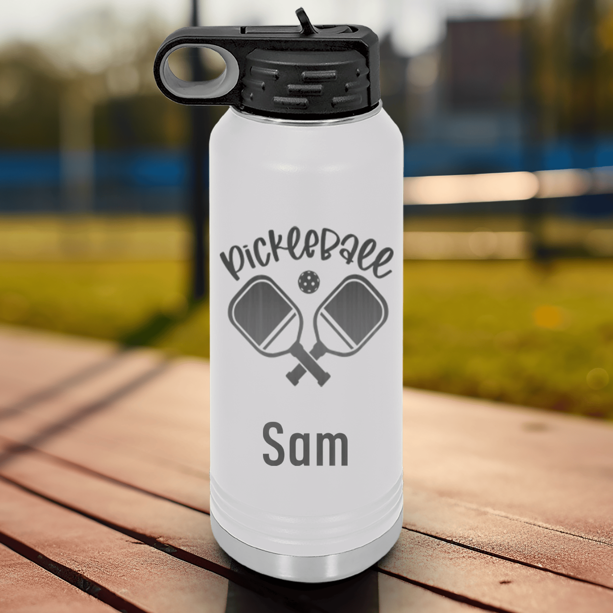 White Pickleball Water Bottle With Crossing Swords Design