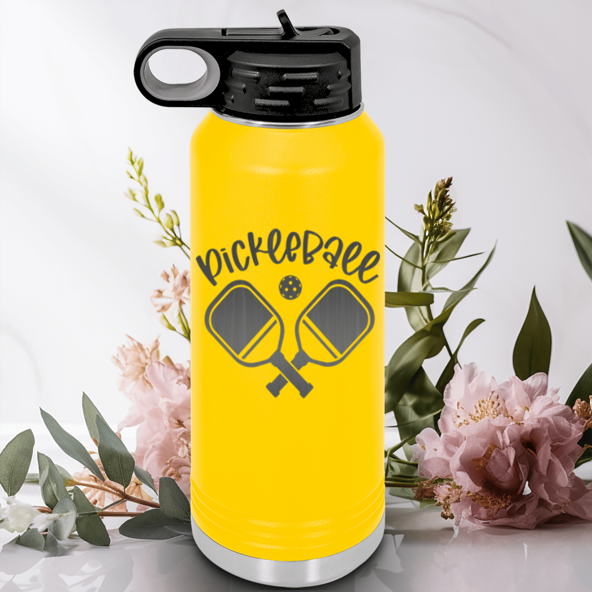 Yellow Pickleball Water Bottle With Crossing Swords Design