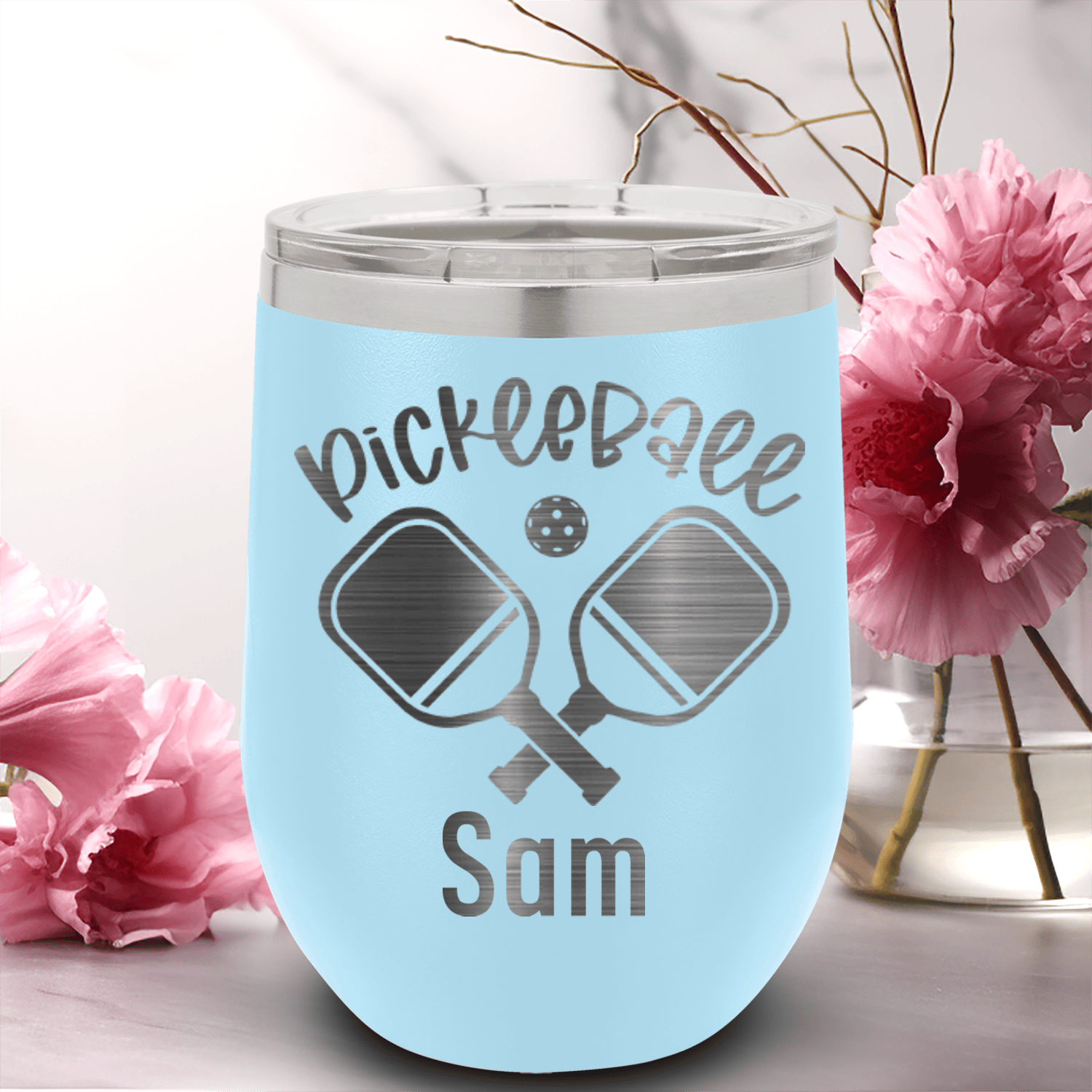 Light Blue Pickleball Wine Tumbler With Crossing Swords Design