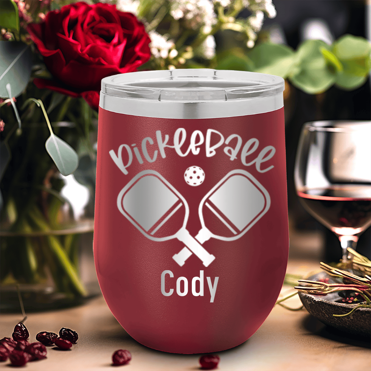 Maroon Pickleball Wine Tumbler With Crossing Swords Design