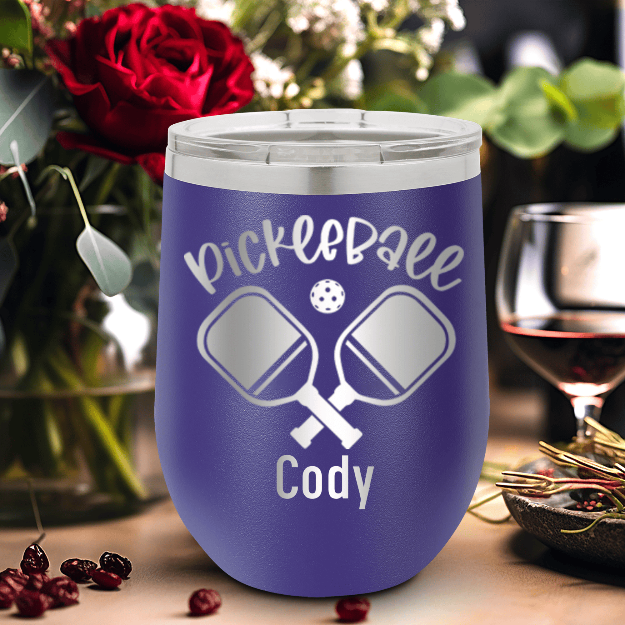 Purple Pickleball Wine Tumbler With Crossing Swords Design