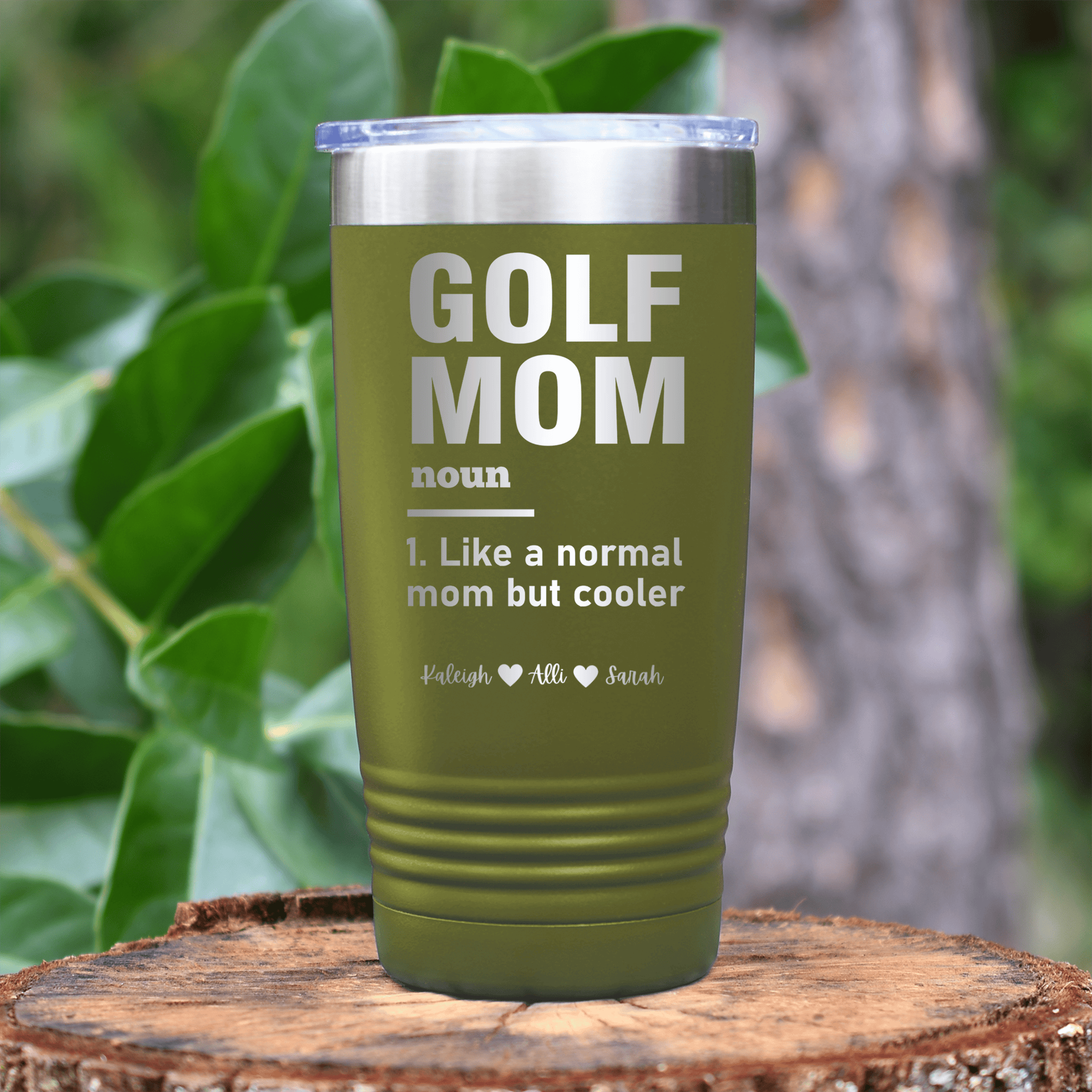 Military Green Golf Mom Tumbler With Definition Of A Golf Mom Design