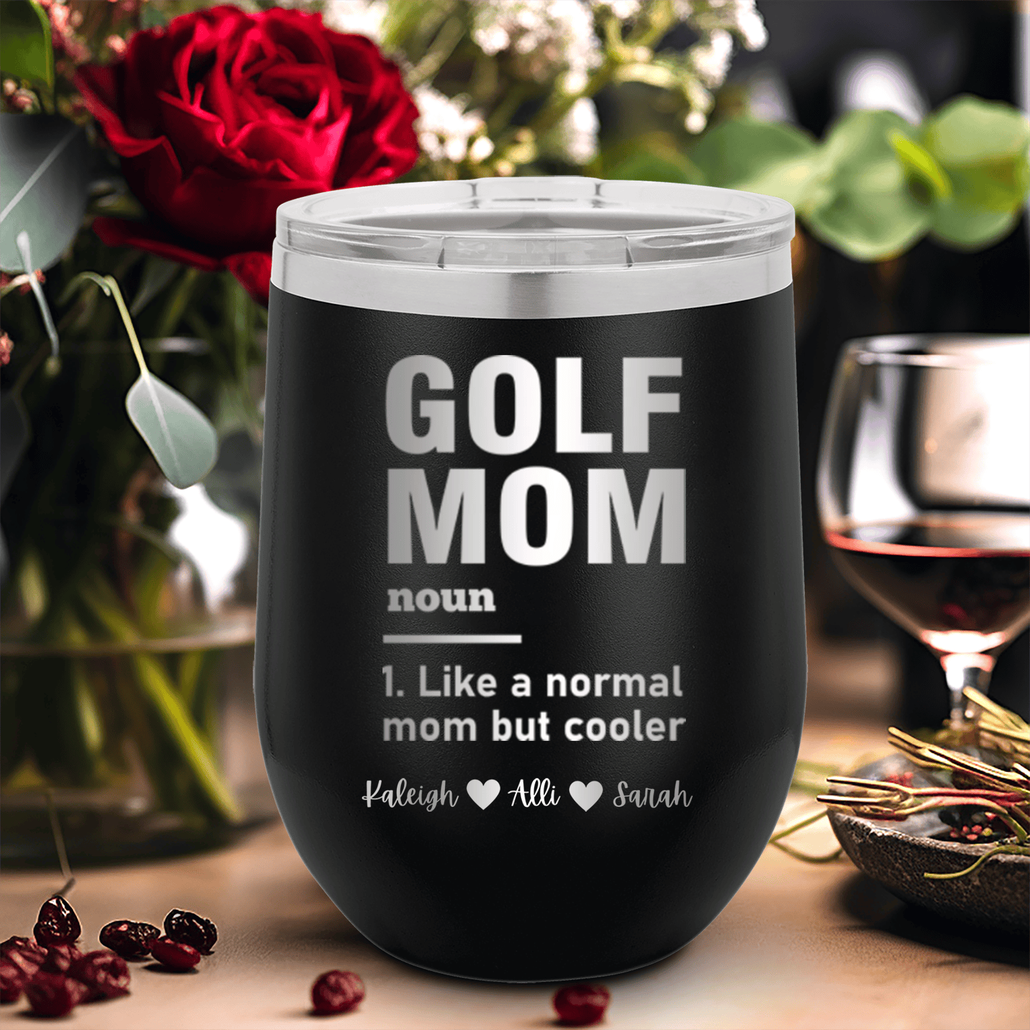 Black Golf Mom Wine Tumbler With Definition Of A Golf Mom Design