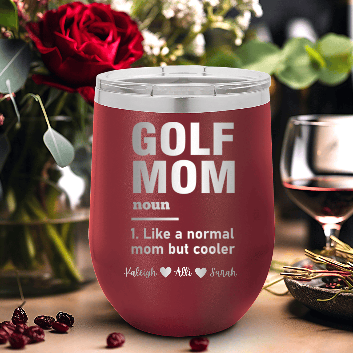 Maroon Golf Mom Wine Tumbler With Definition Of A Golf Mom Design