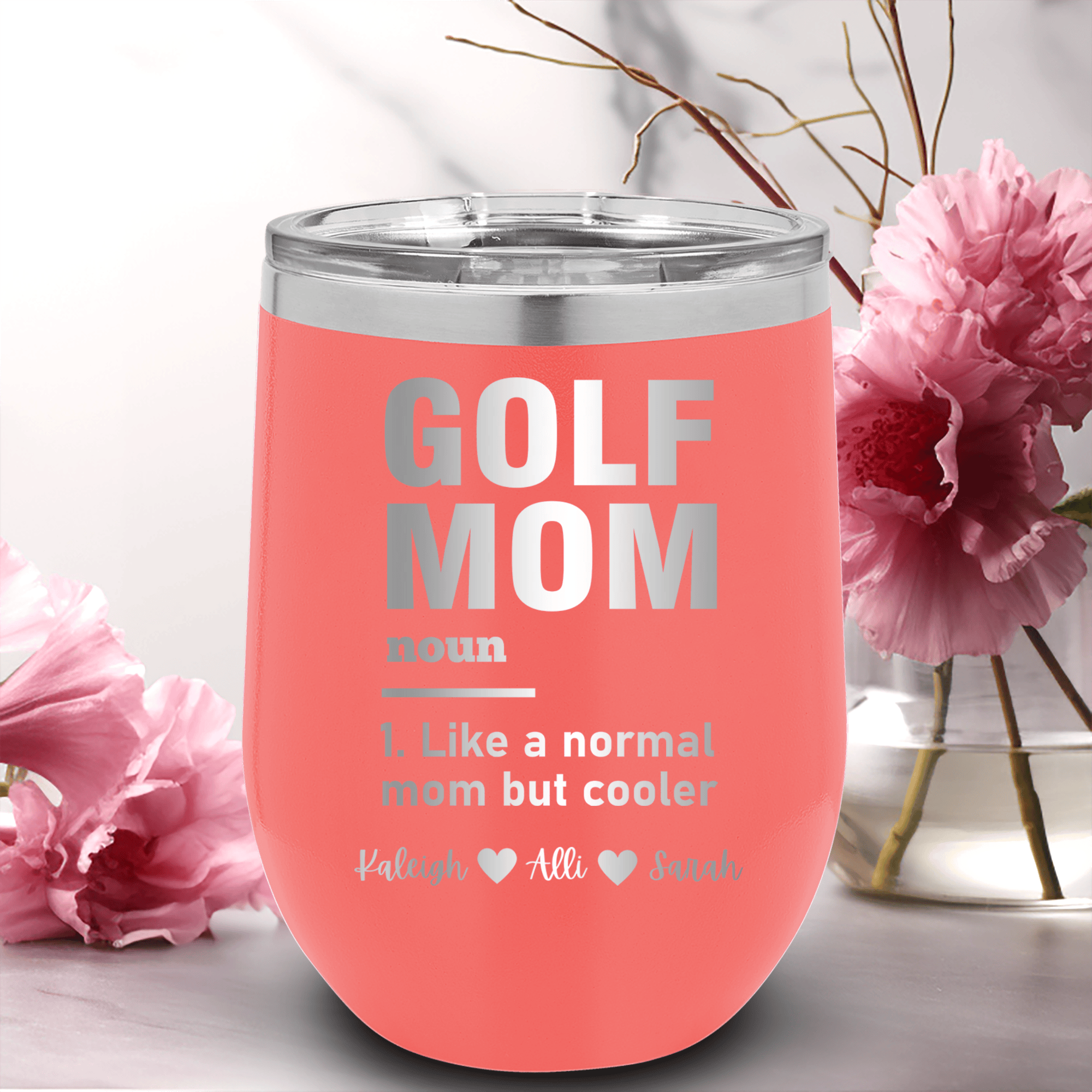Salmon Golf Mom Wine Tumbler With Definition Of A Golf Mom Design
