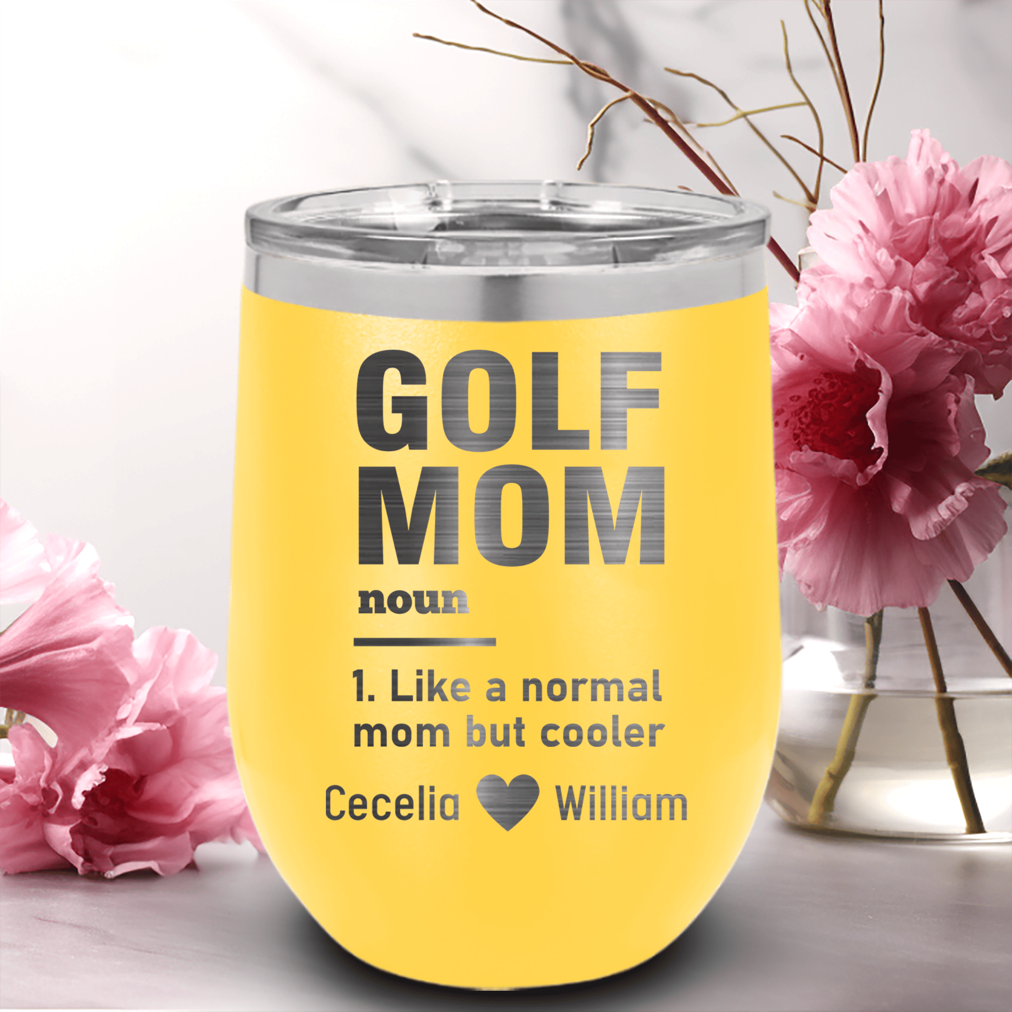 Yellow Golf Mom Wine Tumbler With Definition Of A Golf Mom Design