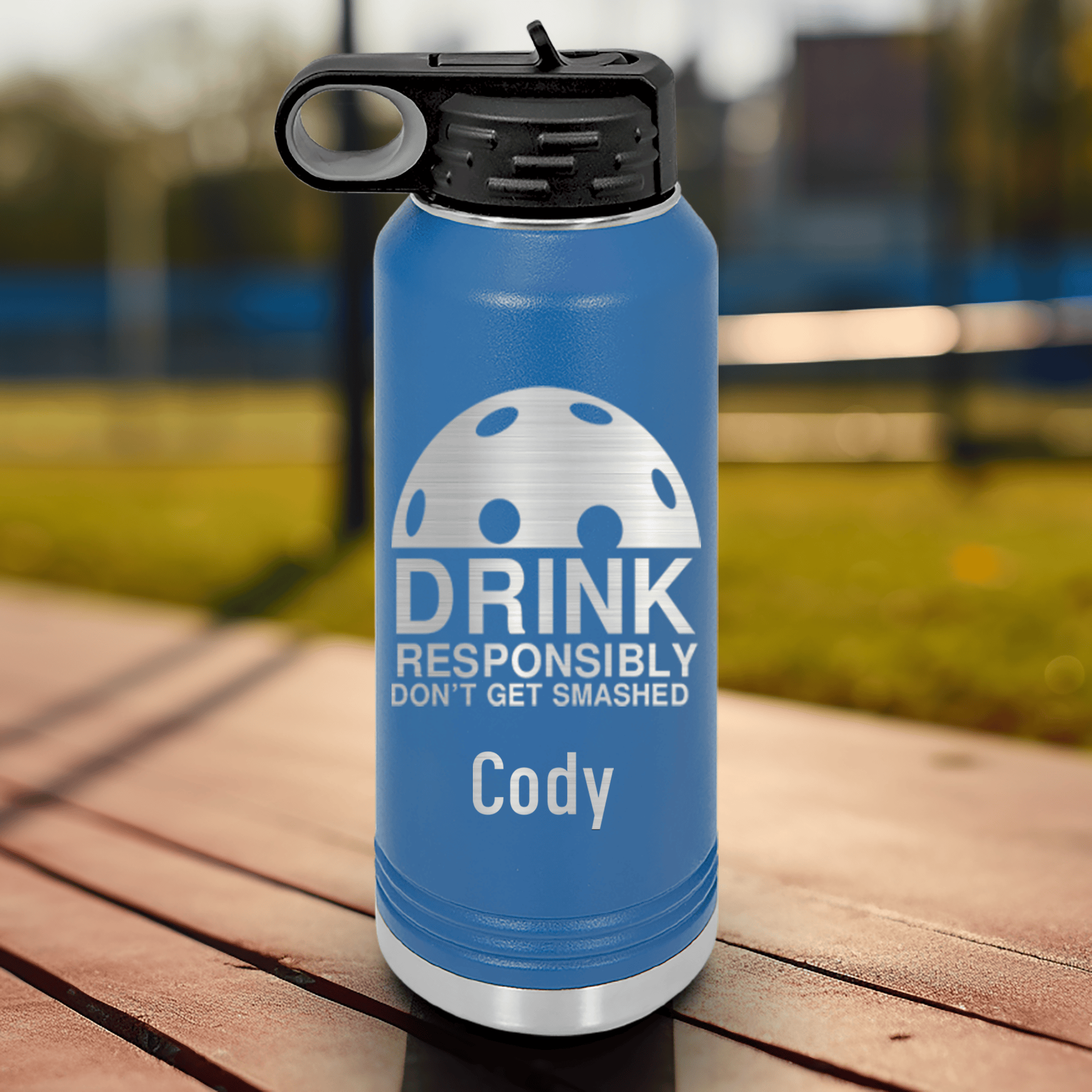 Blue Pickleball Water Bottle With Dont Get Smashed Design