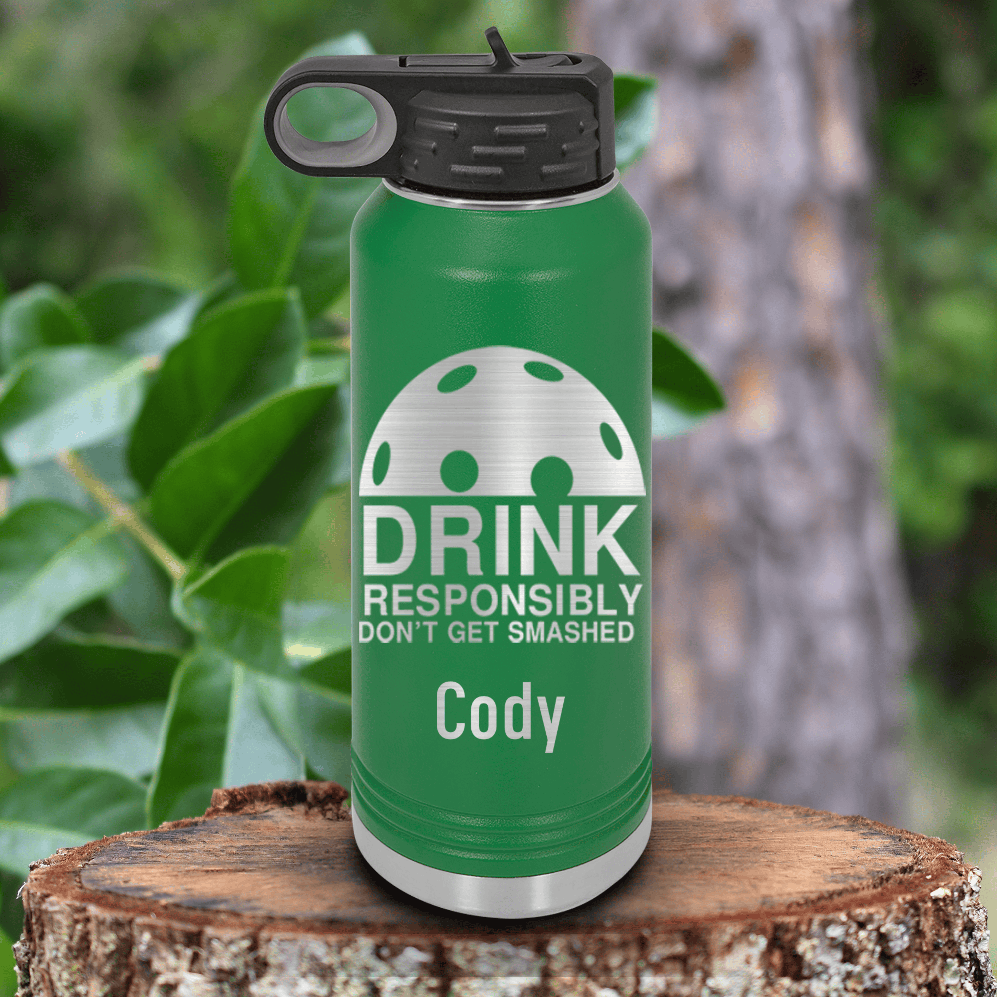 Green Pickleball Water Bottle With Dont Get Smashed Design