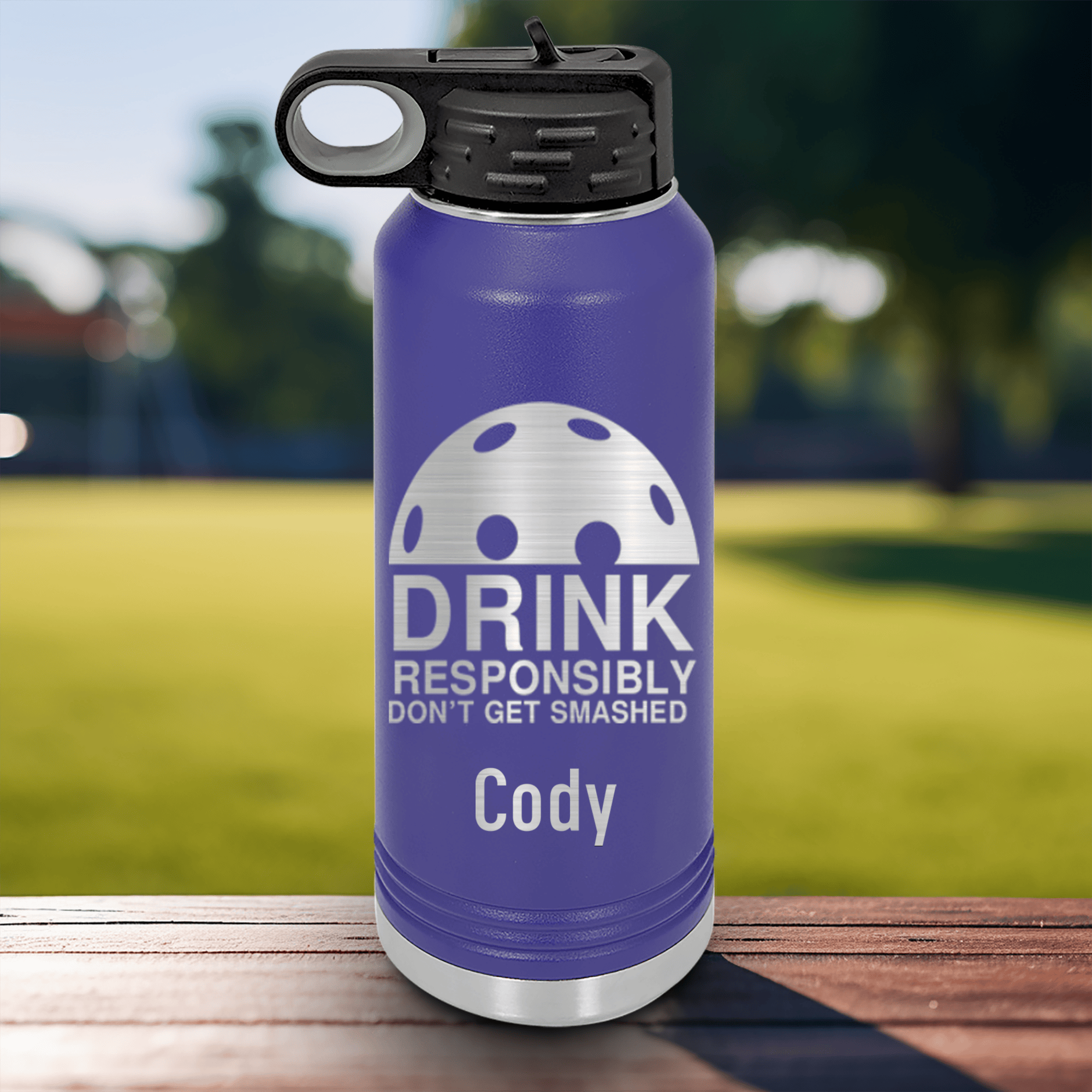 Purple Pickleball Water Bottle With Dont Get Smashed Design