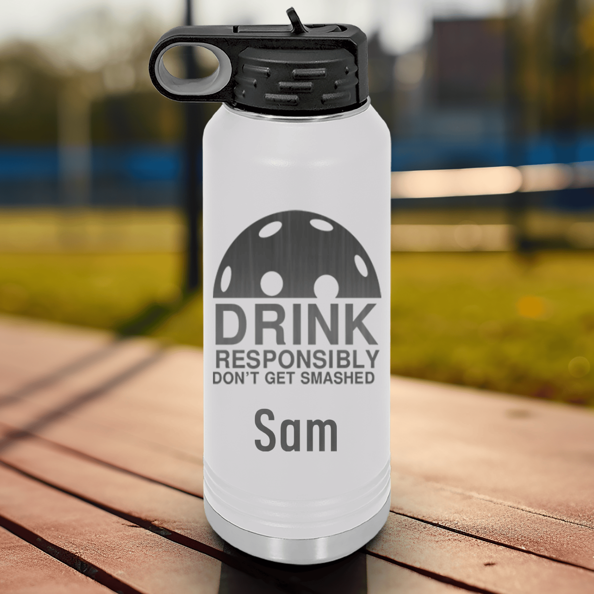 White Pickleball Water Bottle With Dont Get Smashed Design