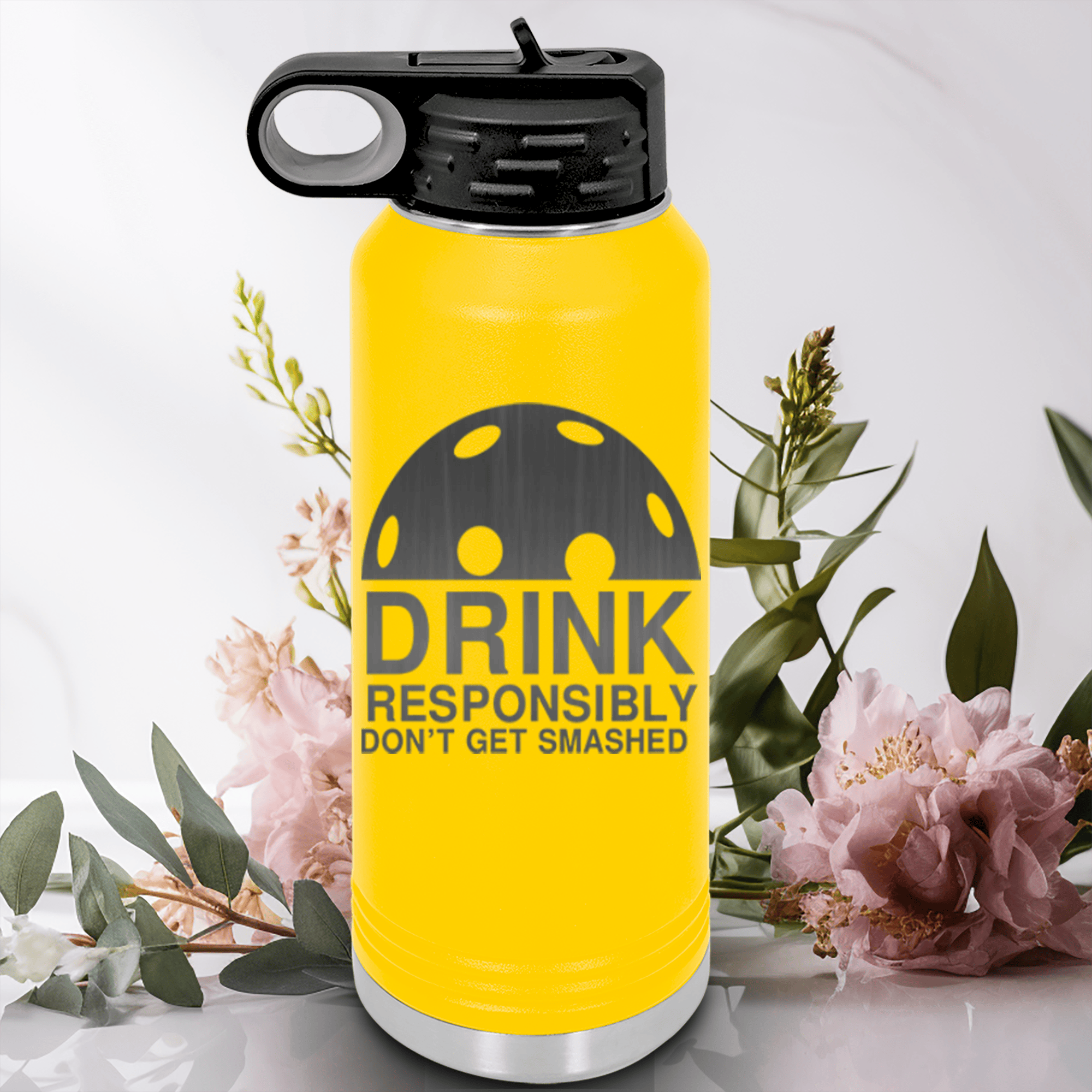 Yellow Pickleball Water Bottle With Dont Get Smashed Design