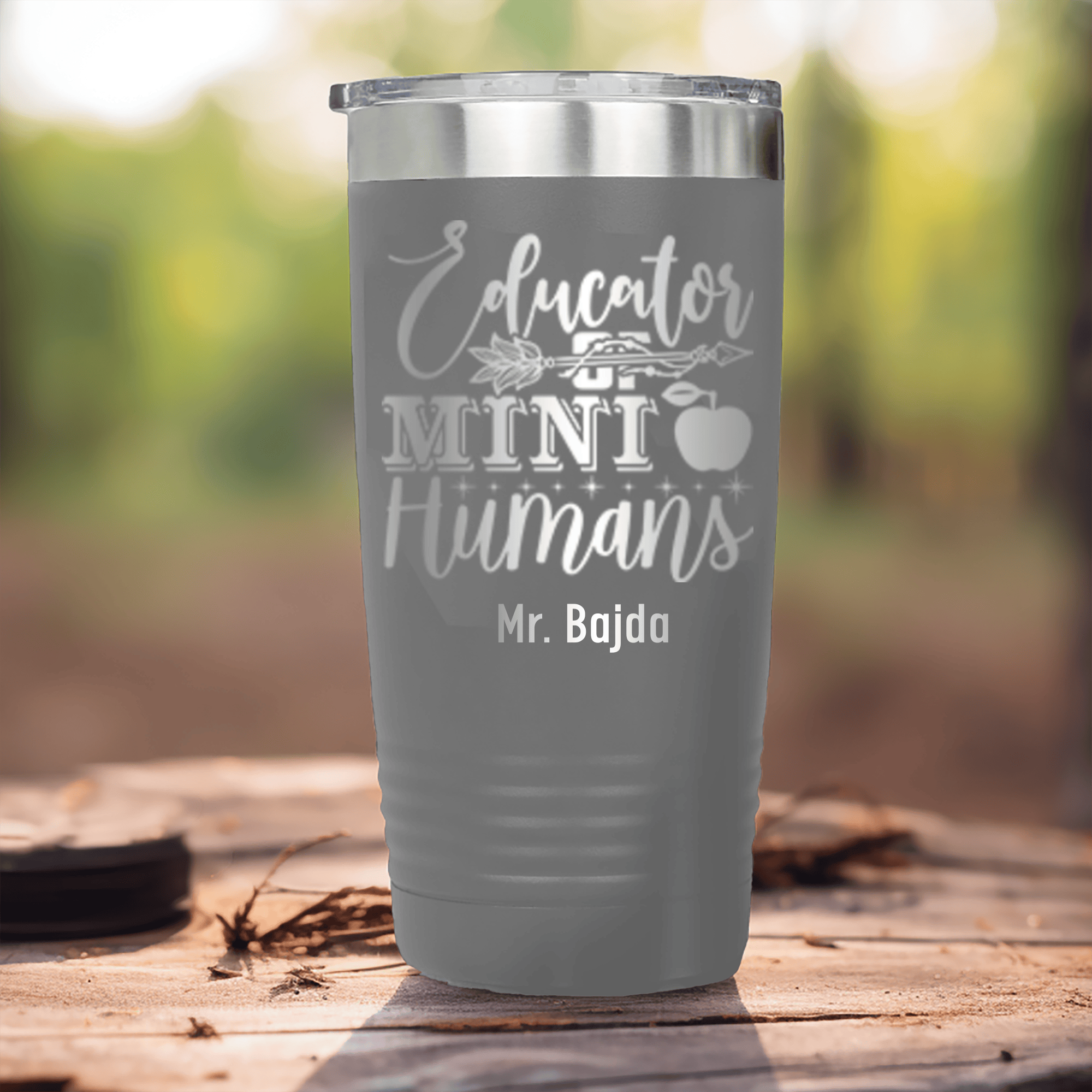 Grey Teacher Tumbler With Educator Of Tiny People Design