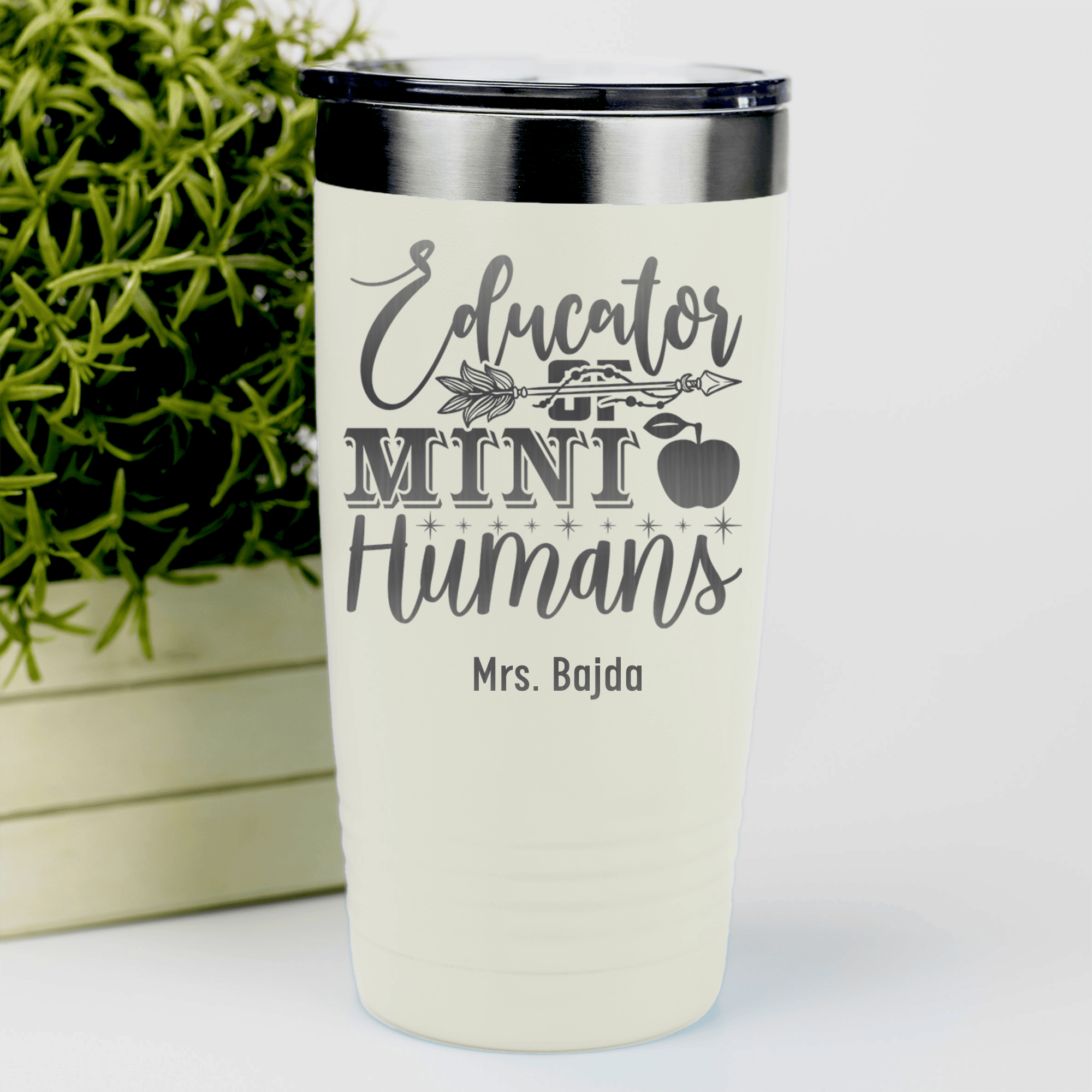 White Teacher Tumbler With Educator Of Tiny People Design