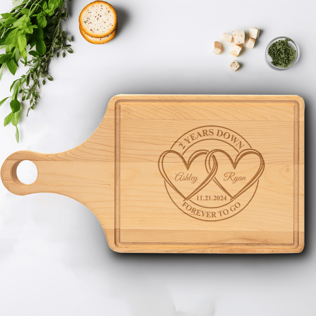 Anniversary Maple Paddle Cutting Board With Entwined Hearts Anniversary Design