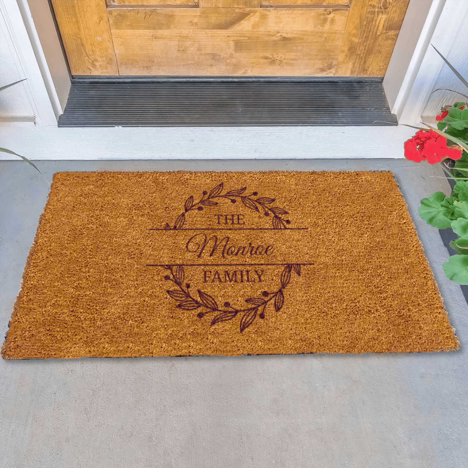 Family Holly Wreath Engraved Door Mat