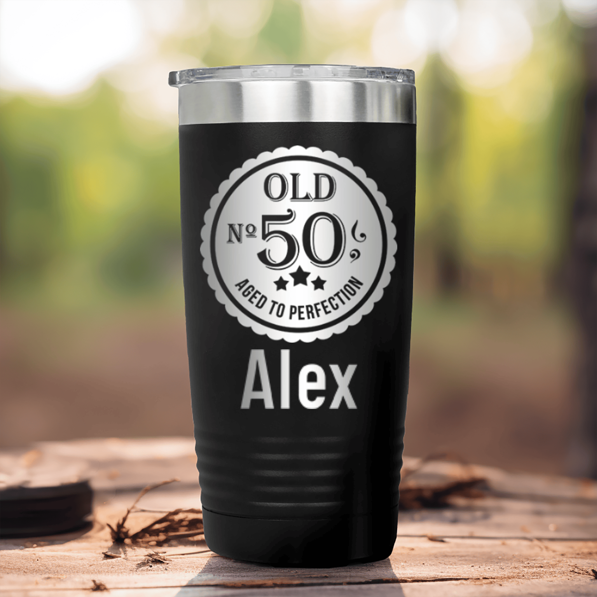 Black Birthday Tumbler With Fifty Aged To Perfection Design