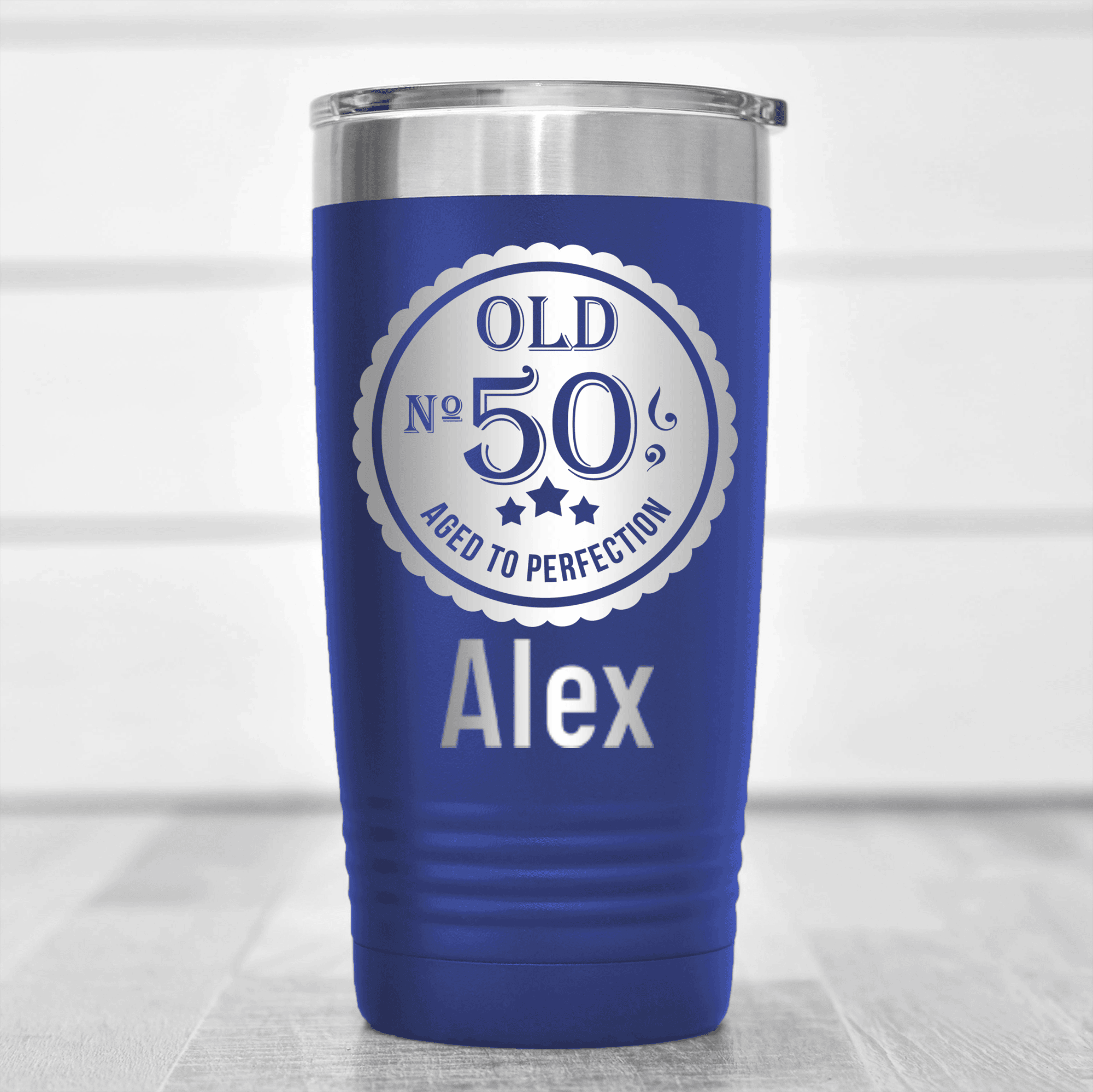 Blue Birthday Tumbler With Fifty Aged To Perfection Design