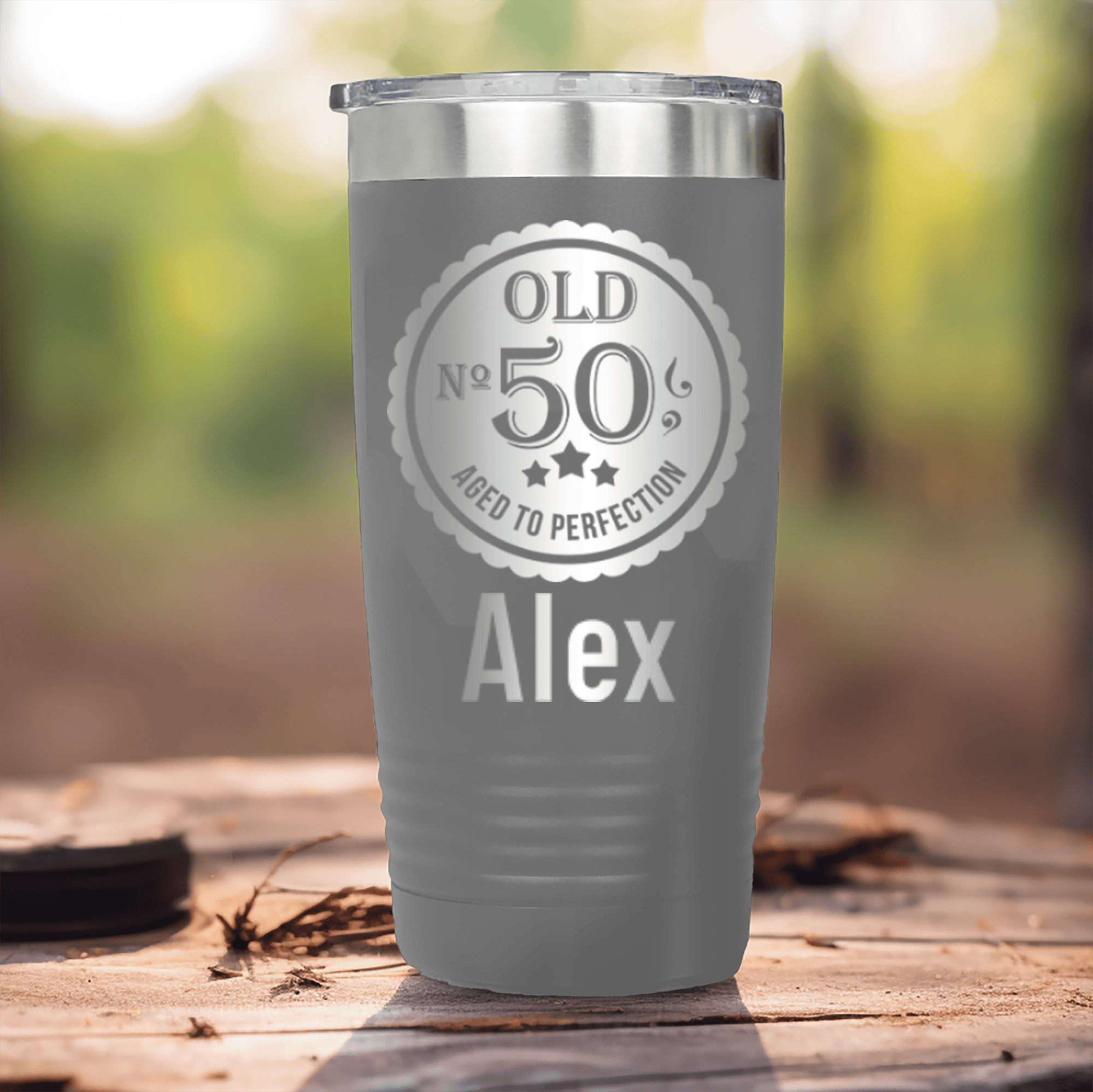 Grey Birthday Tumbler With Fifty Aged To Perfection Design