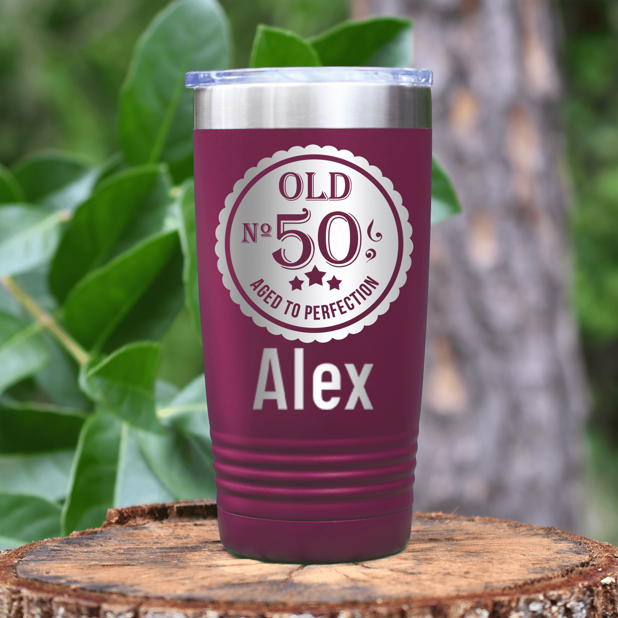 Maroon Birthday Tumbler With Fifty Aged To Perfection Design