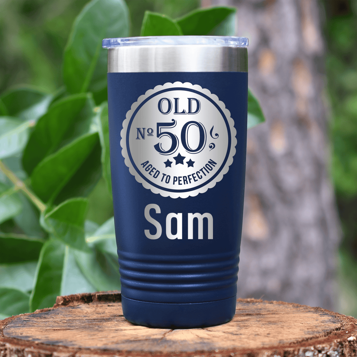 Navy Birthday Tumbler With Fifty Aged To Perfection Design