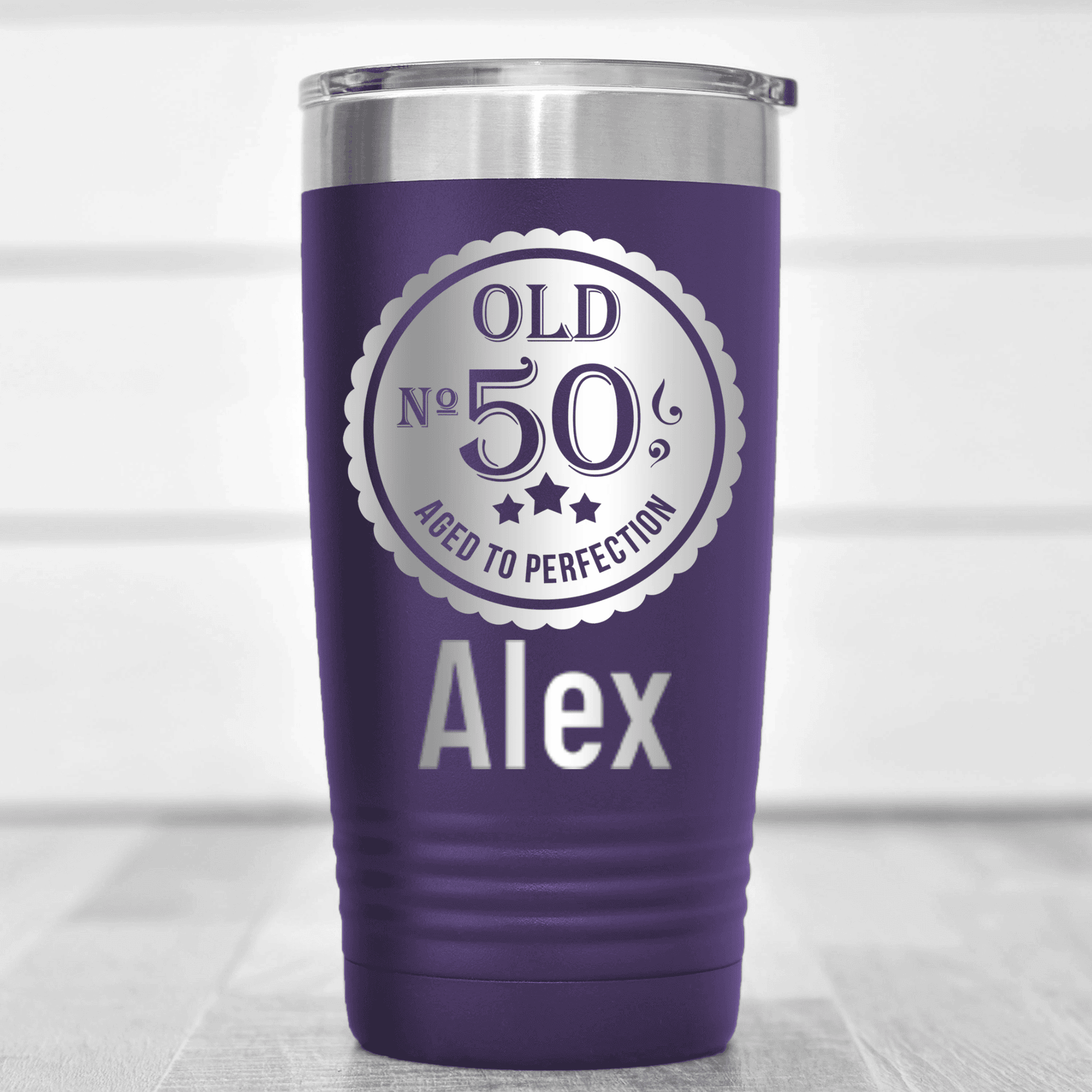 Purple Birthday Tumbler With Fifty Aged To Perfection Design