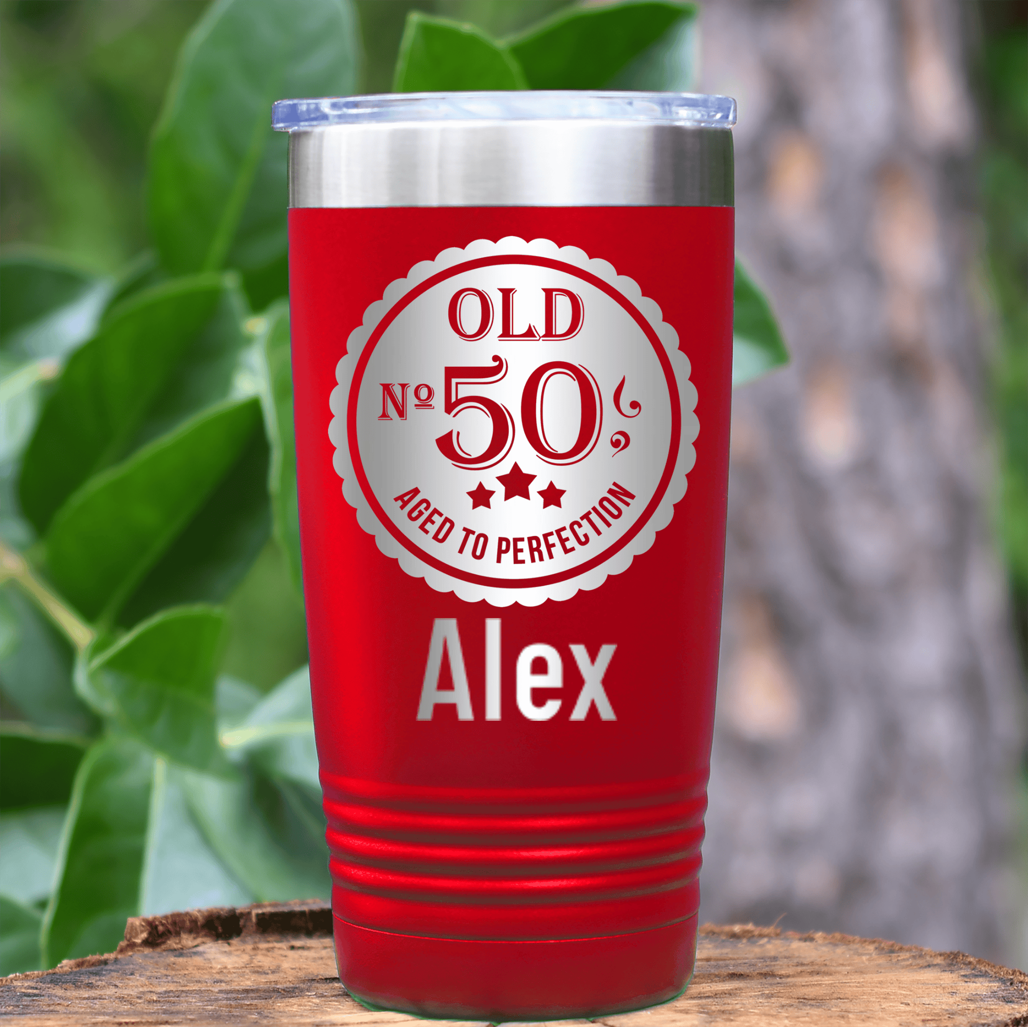 Red Birthday Tumbler With Fifty Aged To Perfection Design