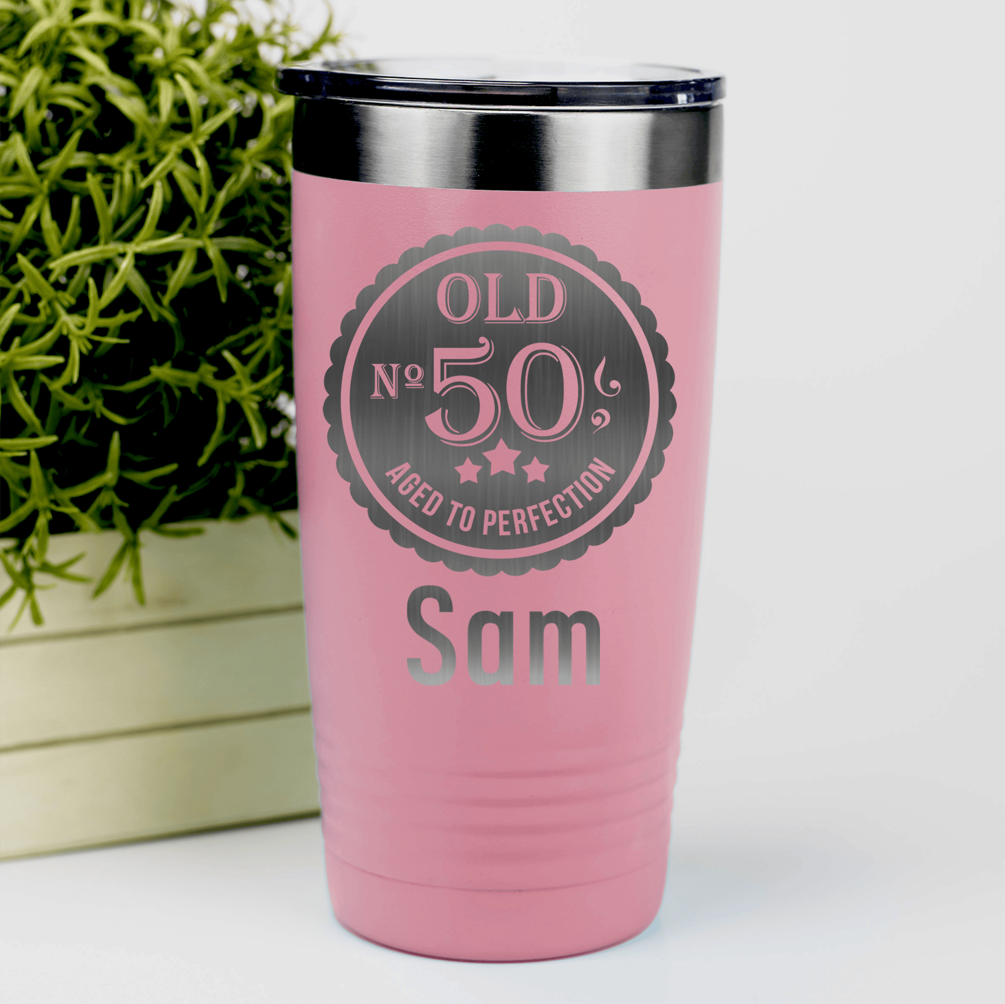 Salmon Birthday Tumbler With Fifty Aged To Perfection Design