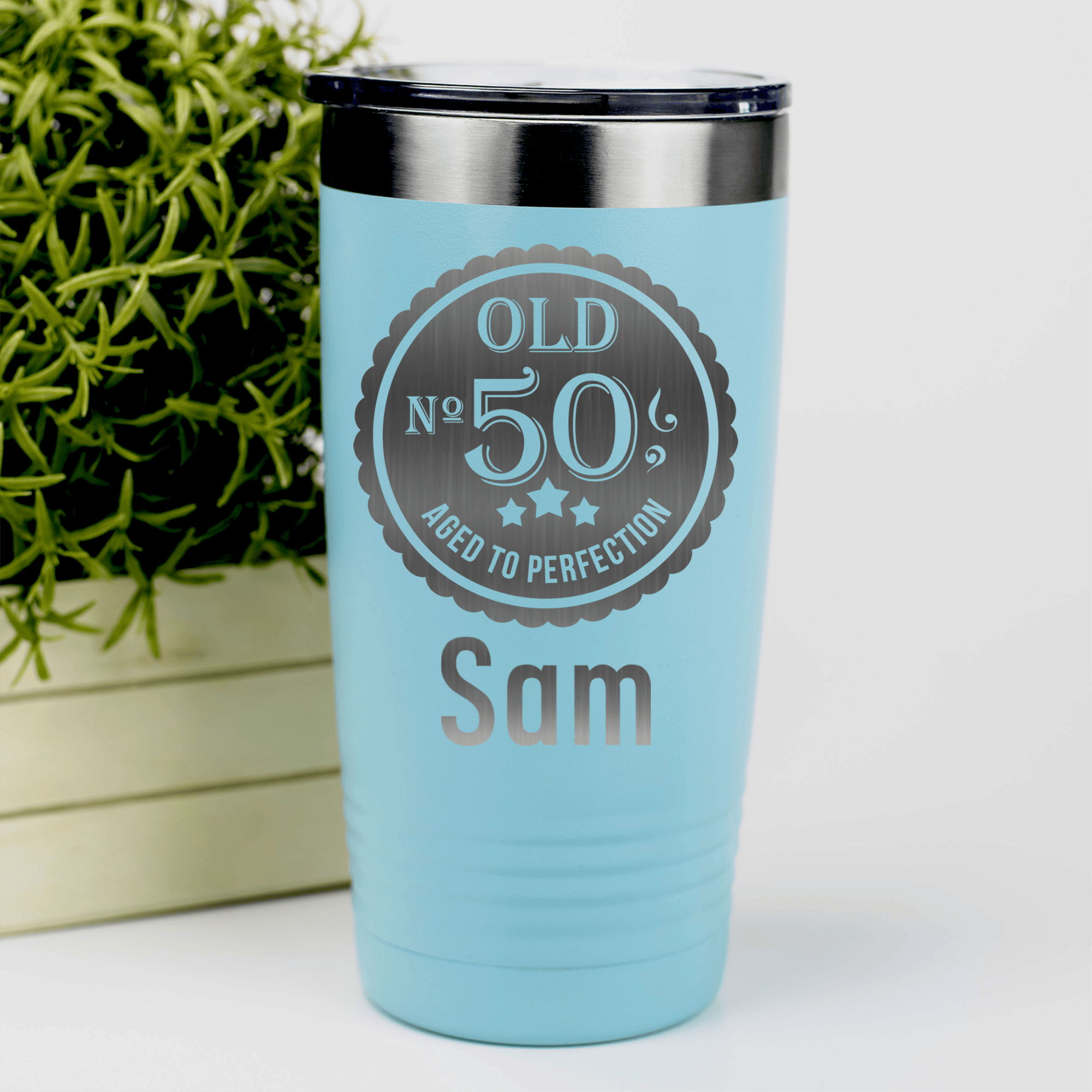 Teal Birthday Tumbler With Fifty Aged To Perfection Design