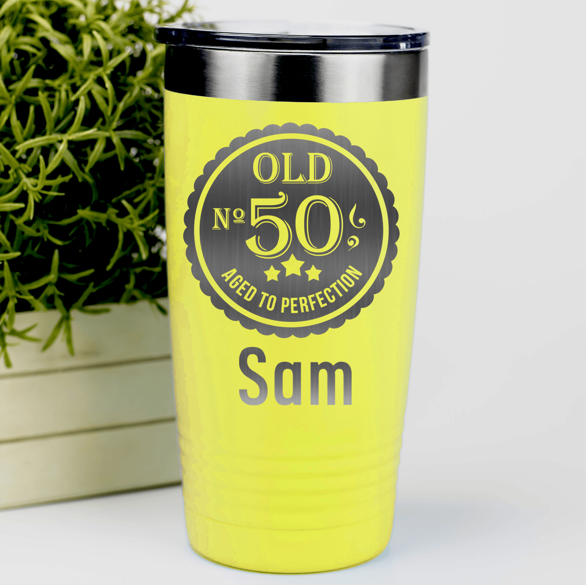 Yellow Birthday Tumbler With Fifty Aged To Perfection Design