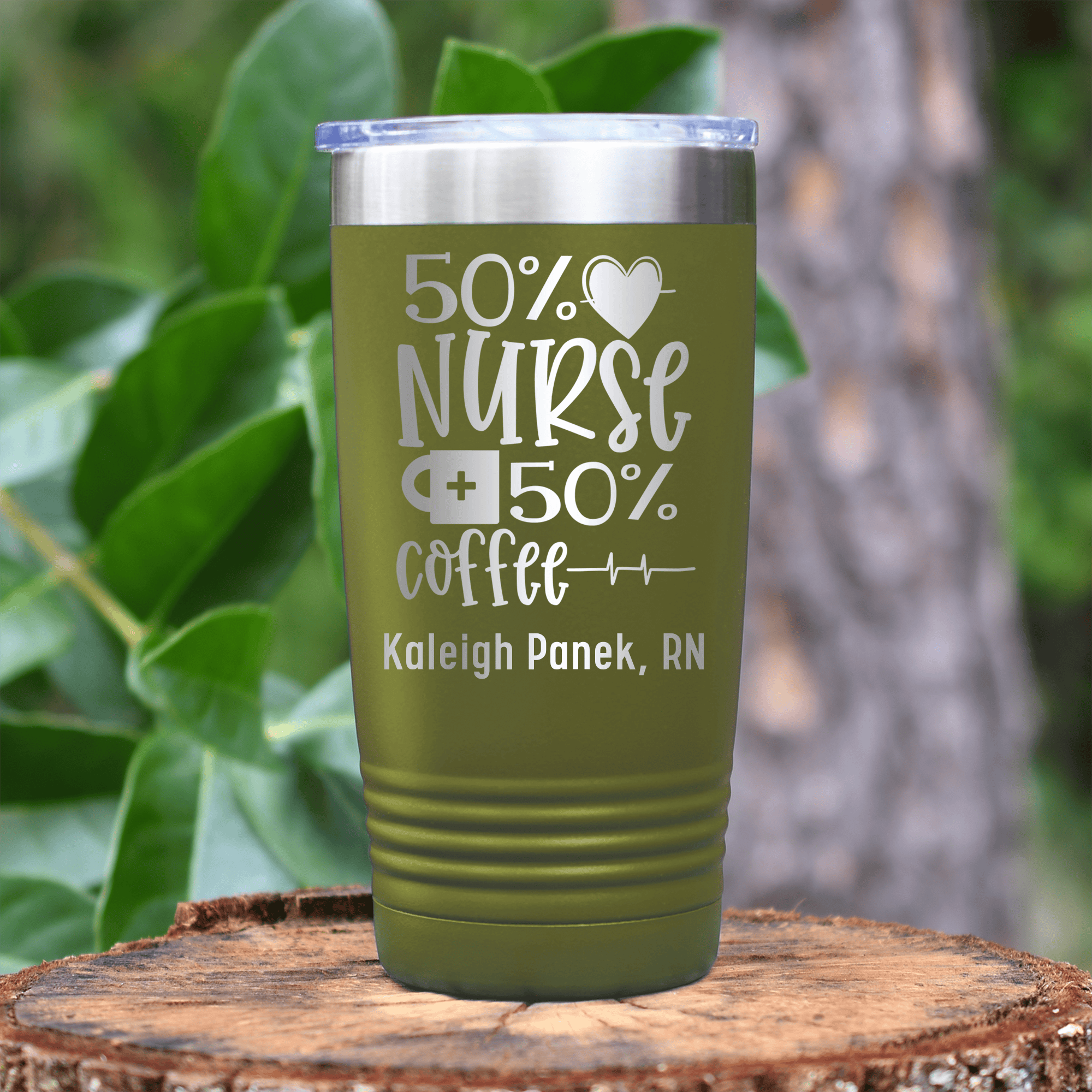 Military Green Nurse Tumbler With Fifty Percent Nurse Fifty Percent Coffee Design