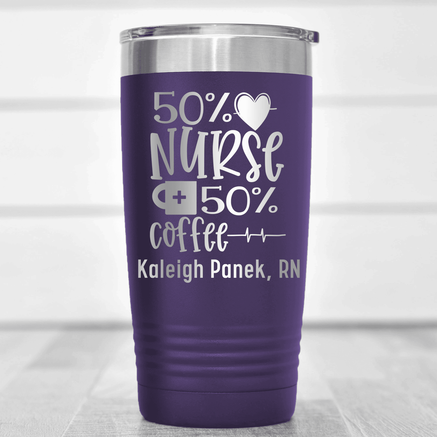 Purple Nurse Tumbler With Fifty Percent Nurse Fifty Percent Coffee Design