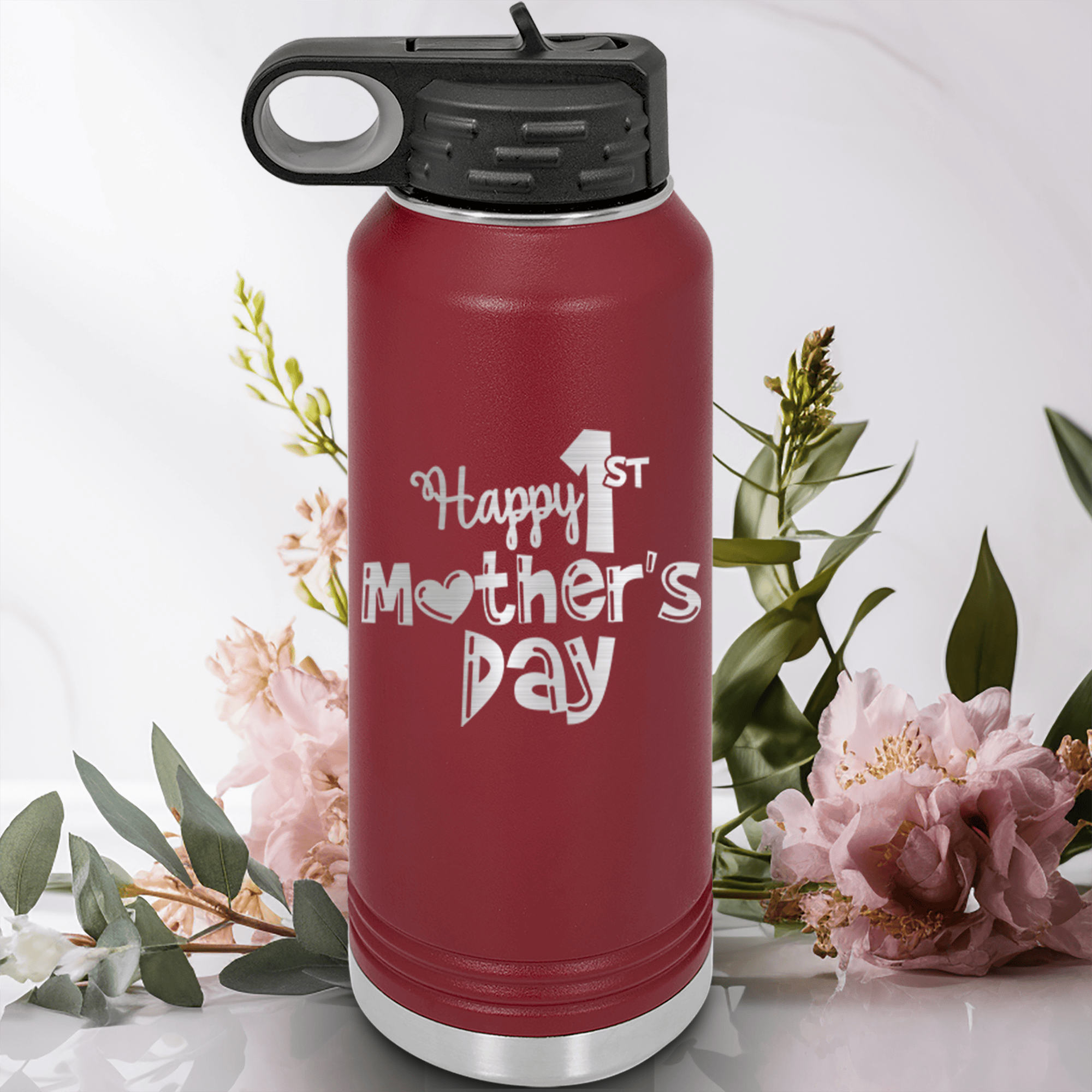 Maroon Mothers Day Water Bottle With First Mothers Day Design