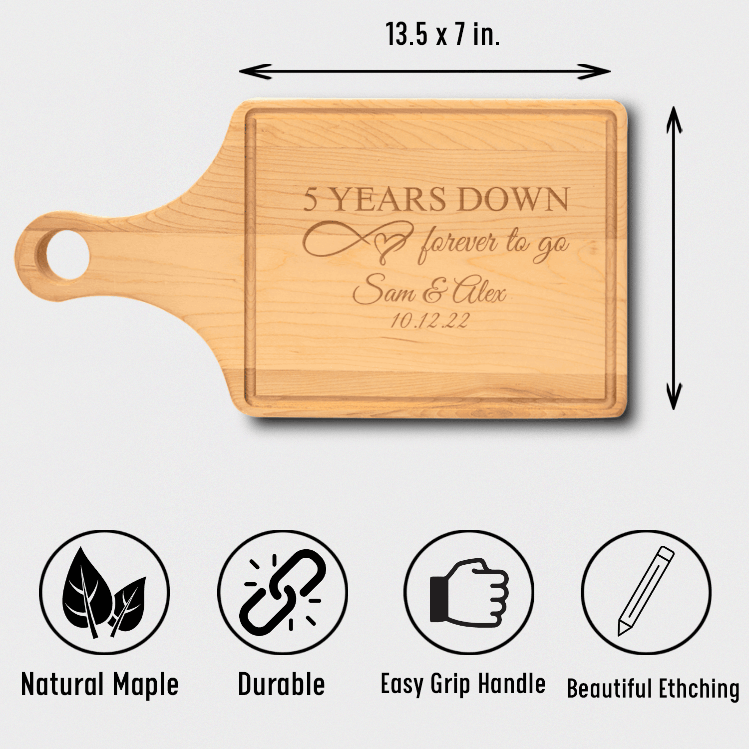 Anniversary Maple Paddle Cutting Board With Five Years Down Design