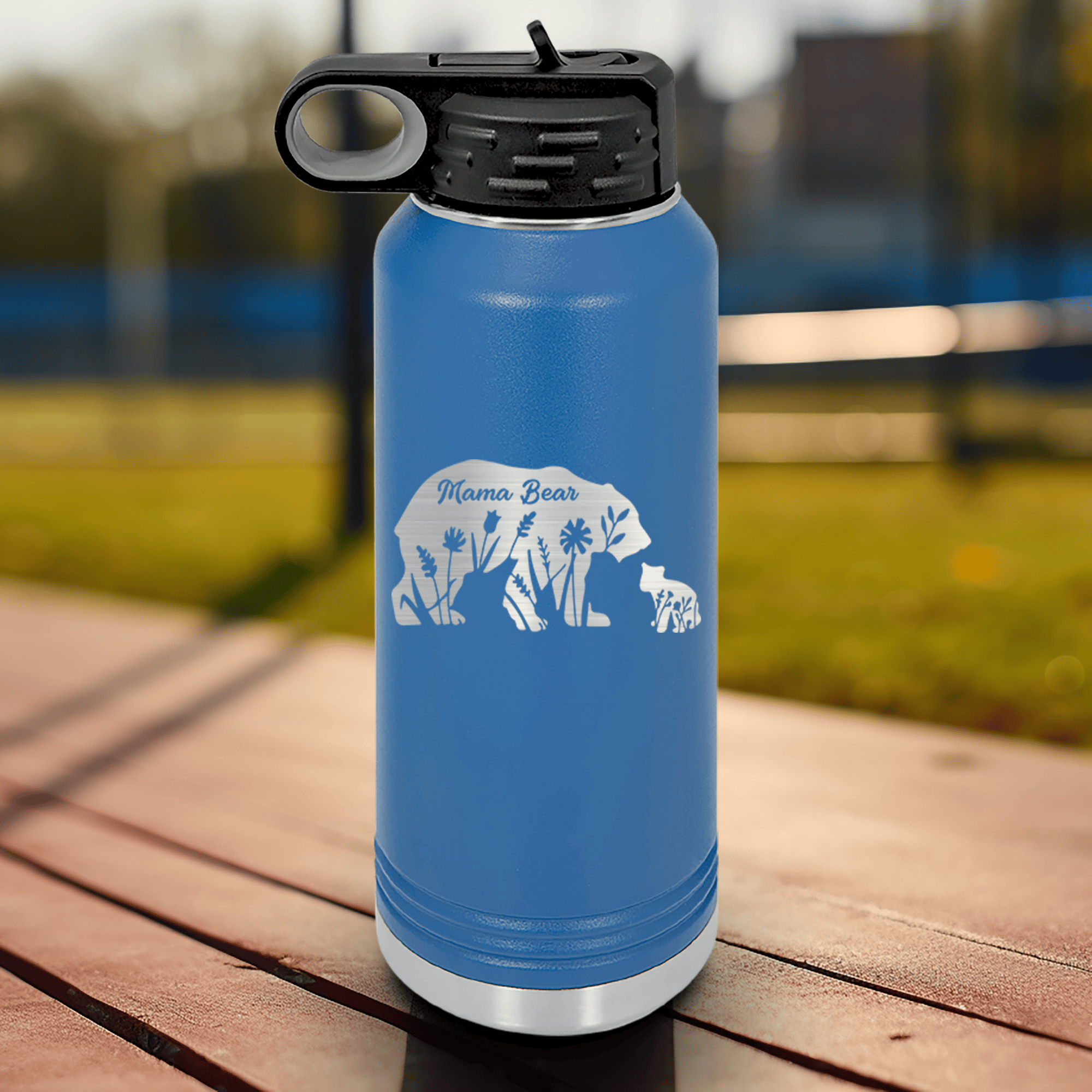 Blue Mothers Day Water Bottle With Flower Mama Bear Design