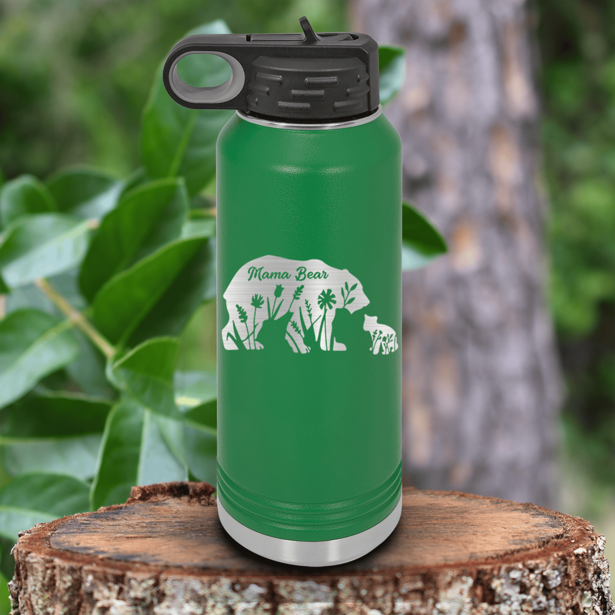 Green Mothers Day Water Bottle With Flower Mama Bear Design