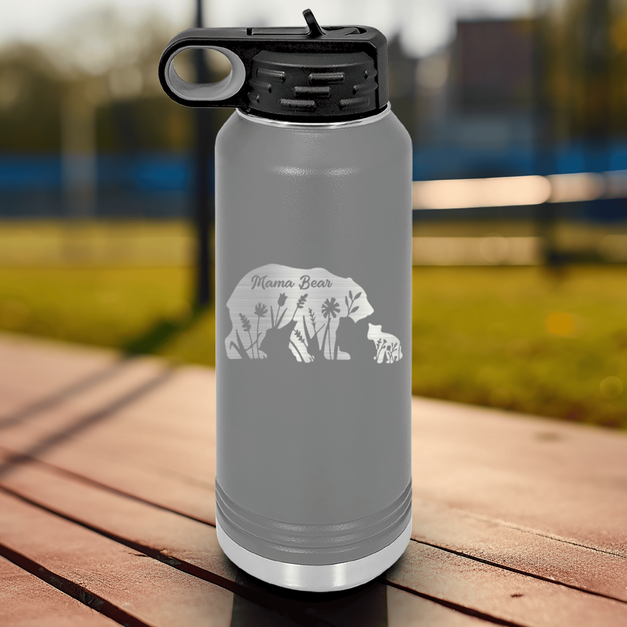 Grey Mothers Day Water Bottle With Flower Mama Bear Design