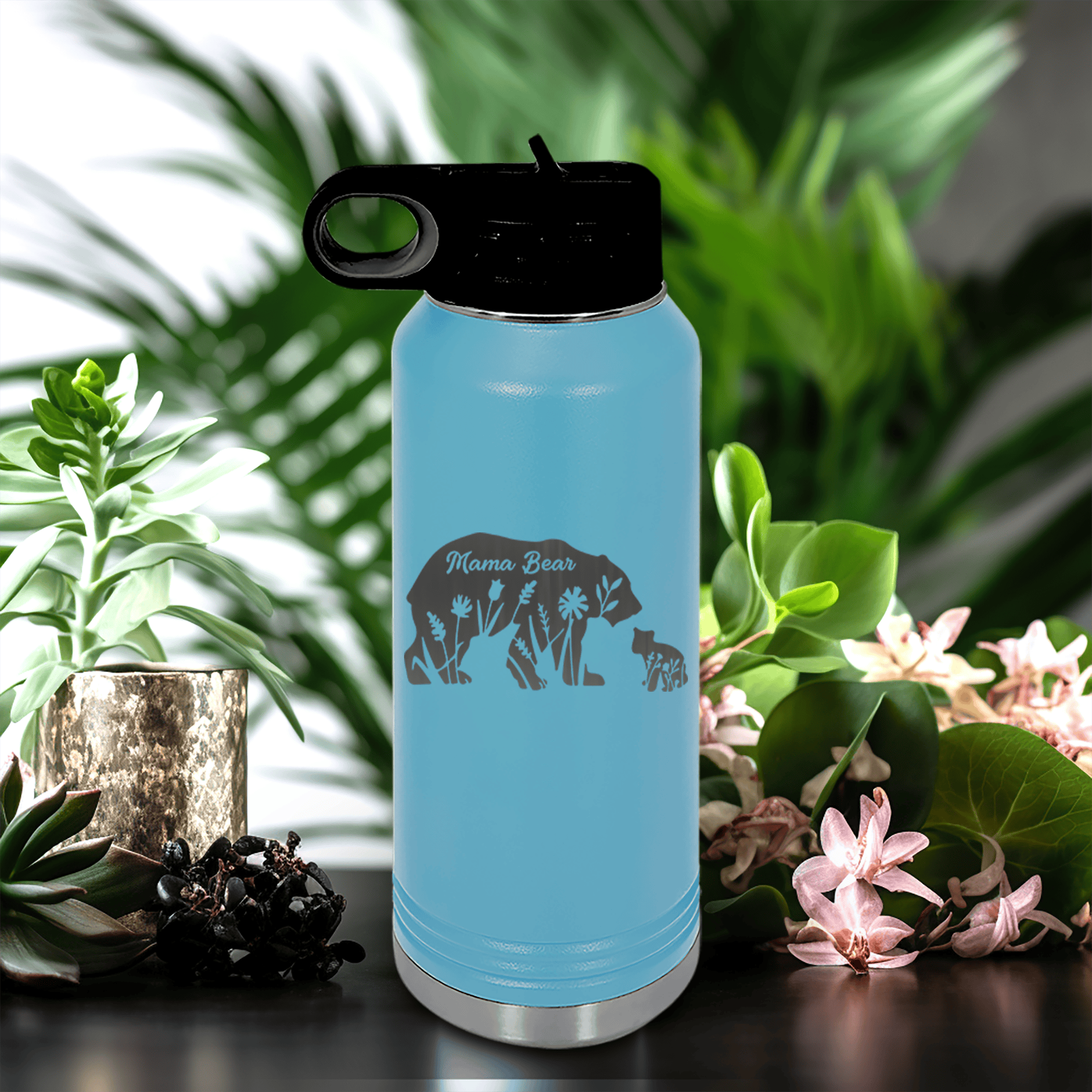 Light Blue Mothers Day Water Bottle With Flower Mama Bear Design